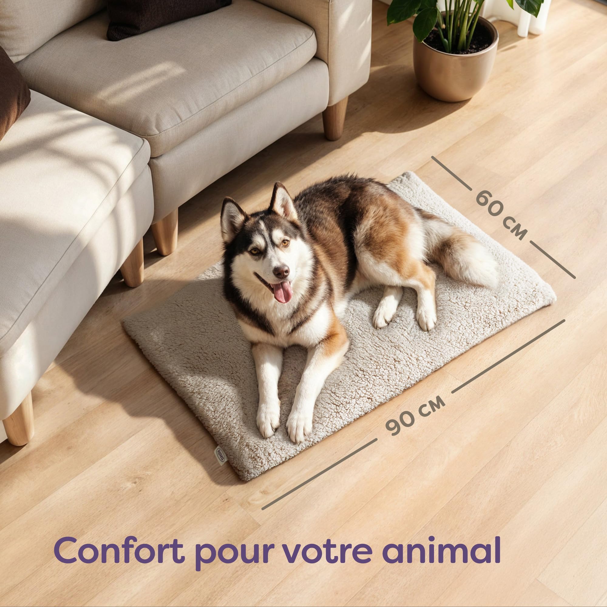 Knupis Tapis Chauffant pour Chien – Grande Tapis Auto-Chauffant 90×60 cm – Housse Lavable – Coussin Doux et Moelleux sans Électricité – avec Dessous Antidérapant (Marron)