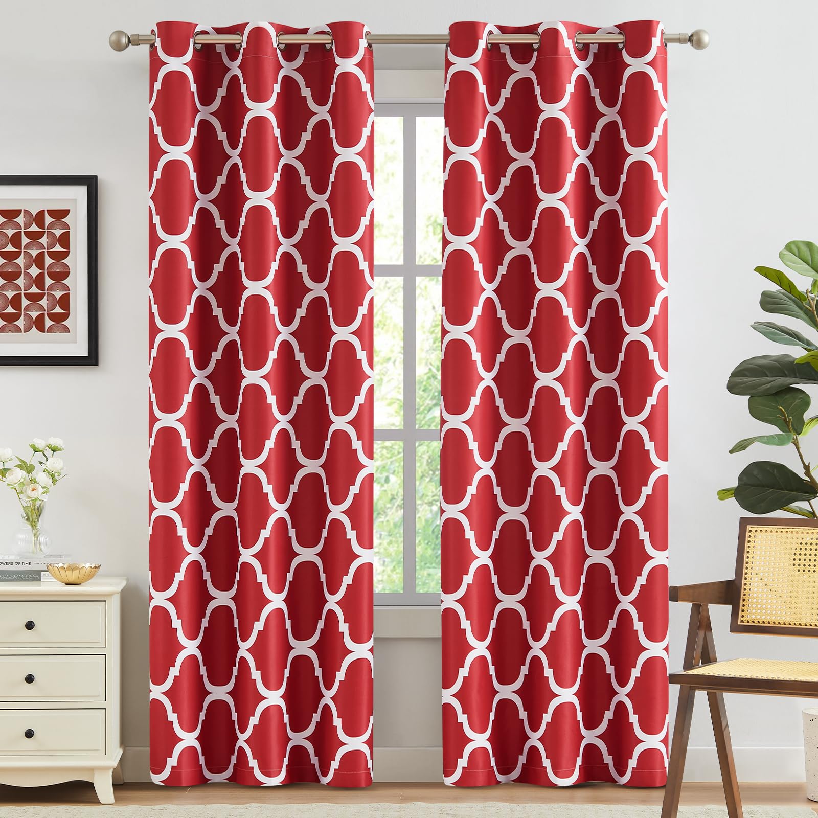 Melodieux Moroccan Fashion Thermal Insulated Room Darkening Blackout Grommet Curtains for Living Room, 42 by 84 Inch, Red (2 Panels)