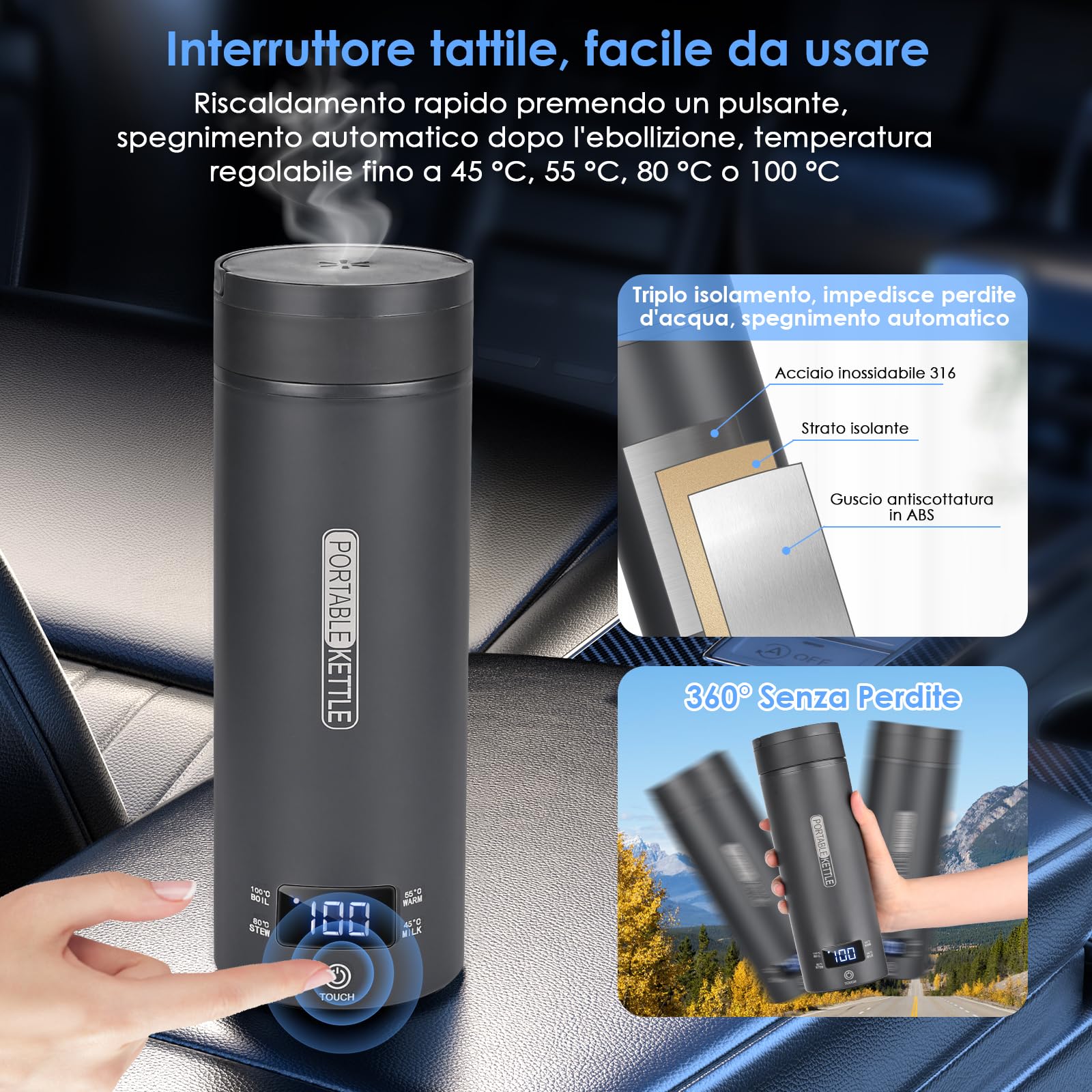 Dreamhigh® Bollitore Elettrico Piccolo, 450 ml Bollitore da Viaggio, 96W Bollitore Elettrico Portatile con Temperatura Regolabile per Tè Latte Caffè (45℃/ 55℃/ 80℃/ 100℃) (Auto (12V)) (Nero)