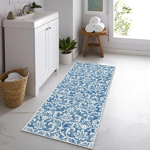 Miniatura 87 de Morebes Alfombra lavable de 2 x 5 pies, alfombra vintage floral gris para puerta de entrada, antideslizante, suave que no desprende pelusa