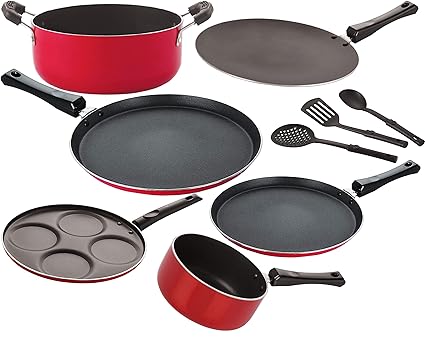 NIRLON Non-Stick Aluminium Healthy Cookware Kitchen Combo Set - 9 Pieces Black & Red [26_FT12_CT_SPM_FT10_Cass20_UP4_3SPN]