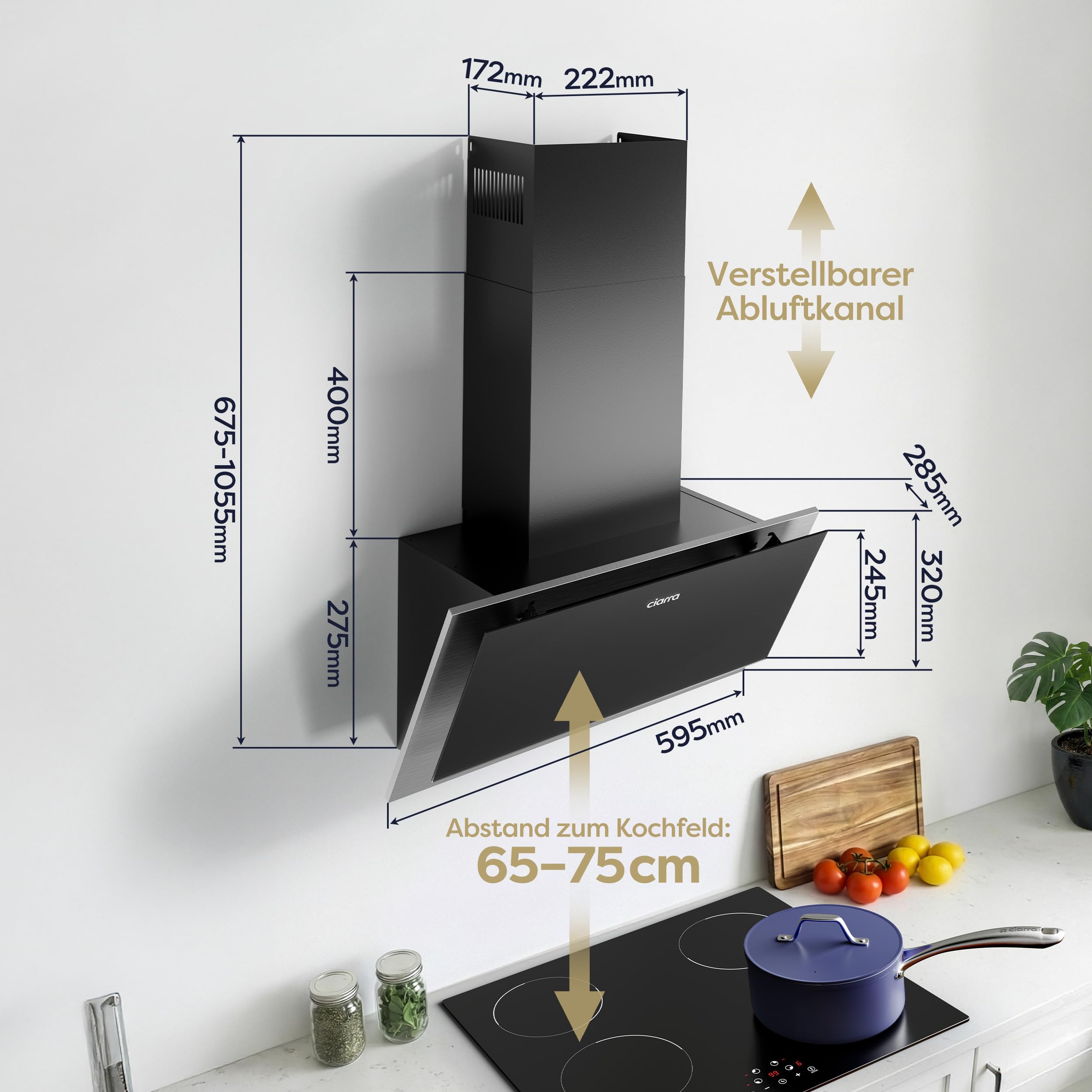 CIARRA CBCB6736C Dunstabzugshaube 60 cm 57 dB 370 m³/h Umluft Abluft Kopffreie Schräghaube Schwarz
