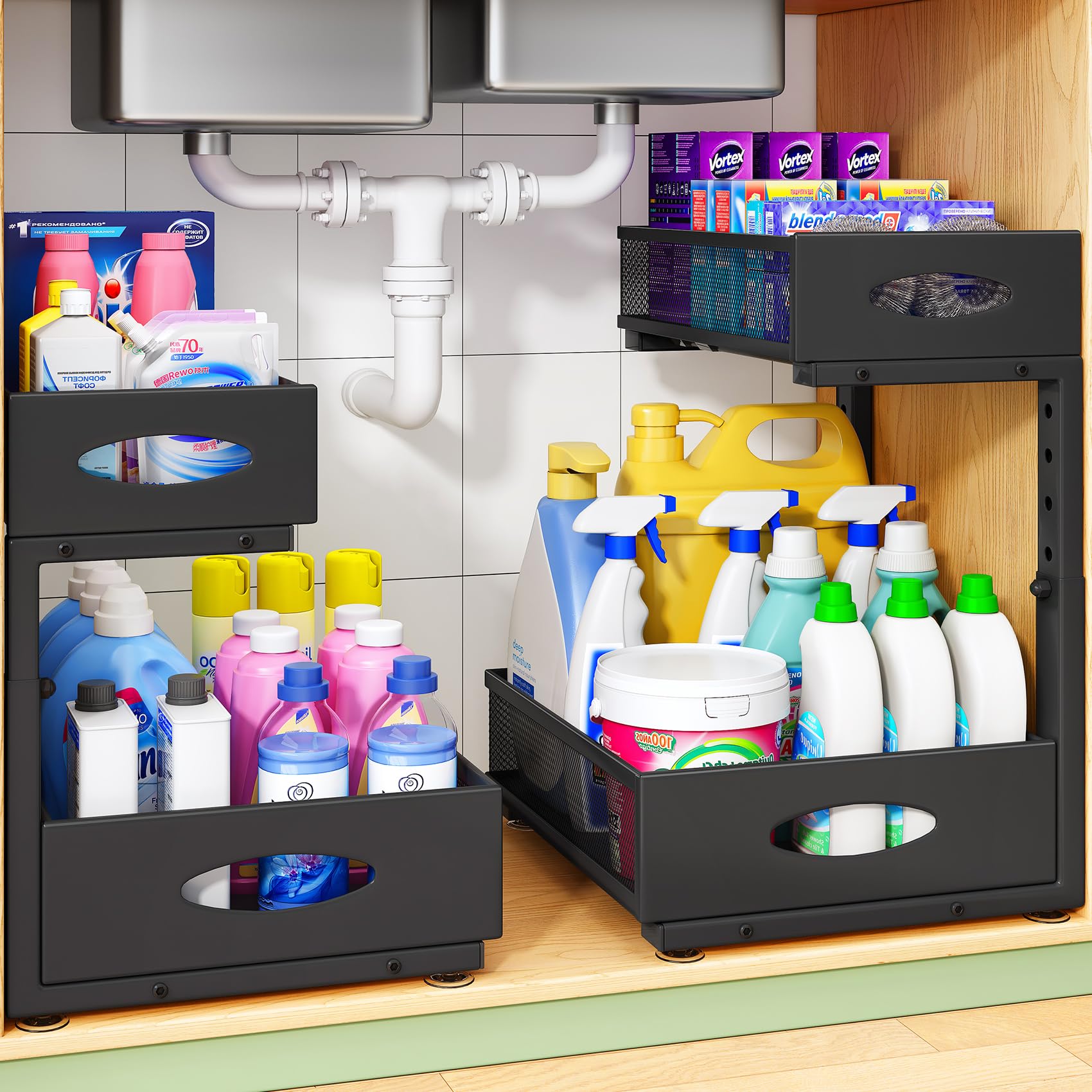 Kitstorack Organizador Bajo Fregadero Extraíble de 2 Niveles, Pack de 2, Cestas de Malla de Gran Capacidad, Estante Ajustable en Altura con Diseño en L para Cocina, Baño y Lavandería, Negro