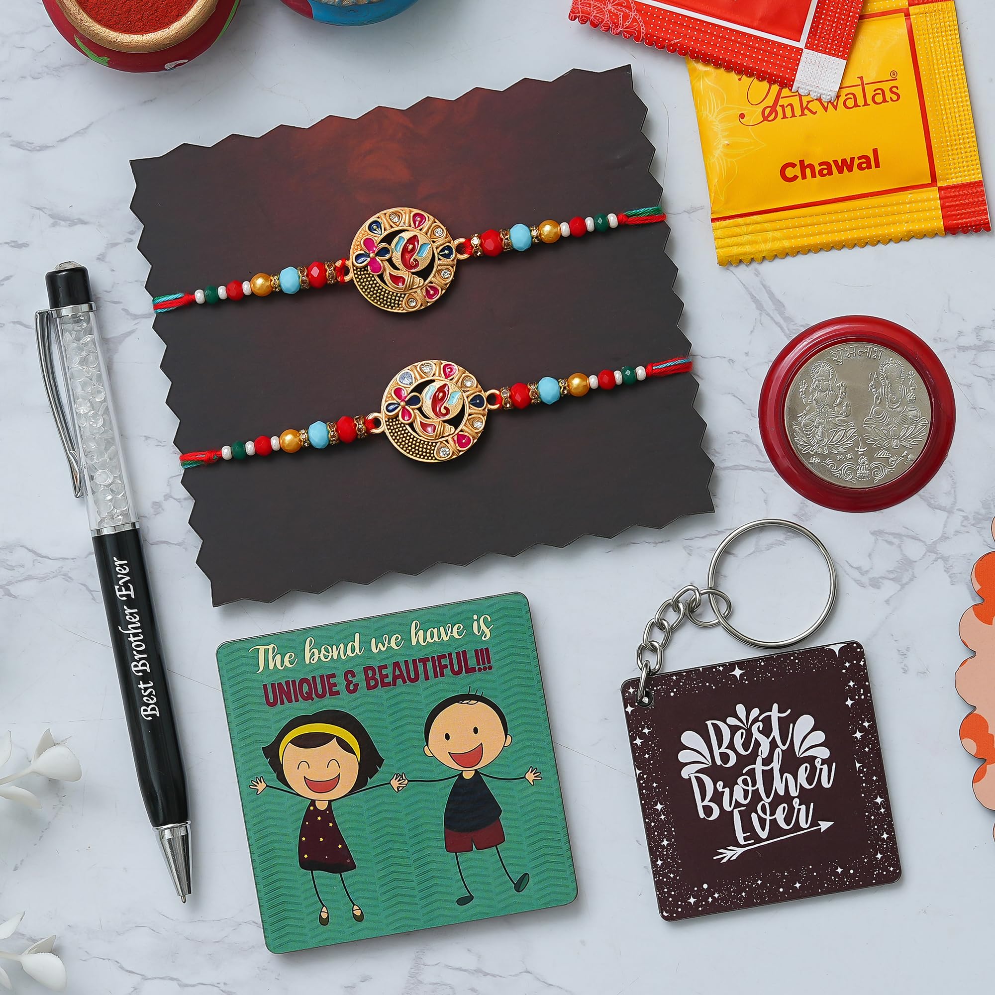 SHISHIKUI SHISHIKUI Ringa ti / GY×RD Tonkwalas Set of 2 Rakhi, 1 Fridge Magnet, 1 Silver Plated Shagun