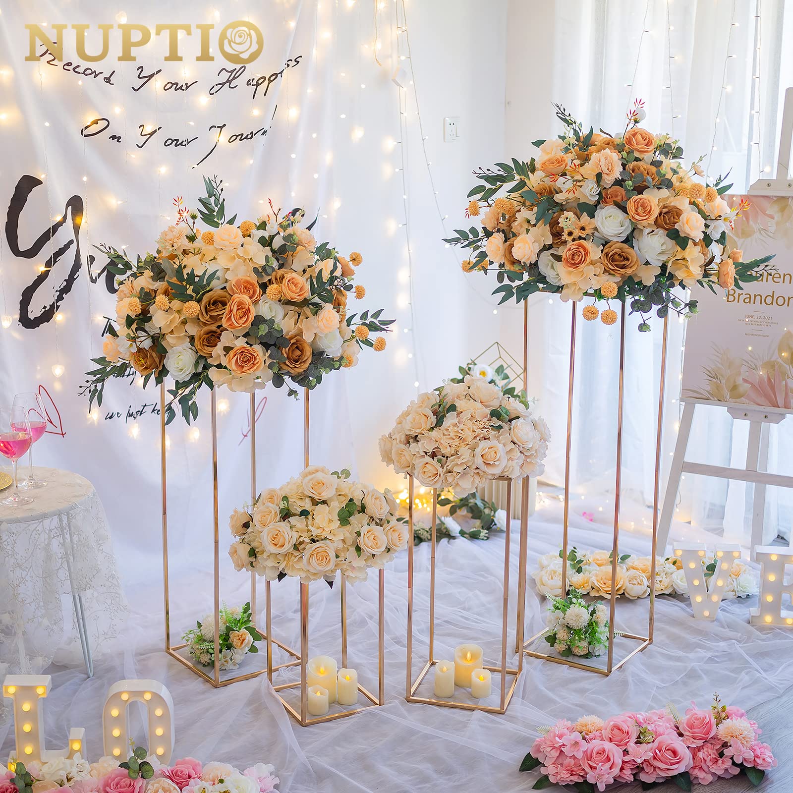 NUPTIO Vaso Oro per Centrotavola Matrimonio: 2 Pezzi Vasi Fiori Alti 100cm Colonna con Pannello Acrilico Rettangolare Metallo Porta Fiori per Decorazioni Feste Compleanno - Espositori Geometrici