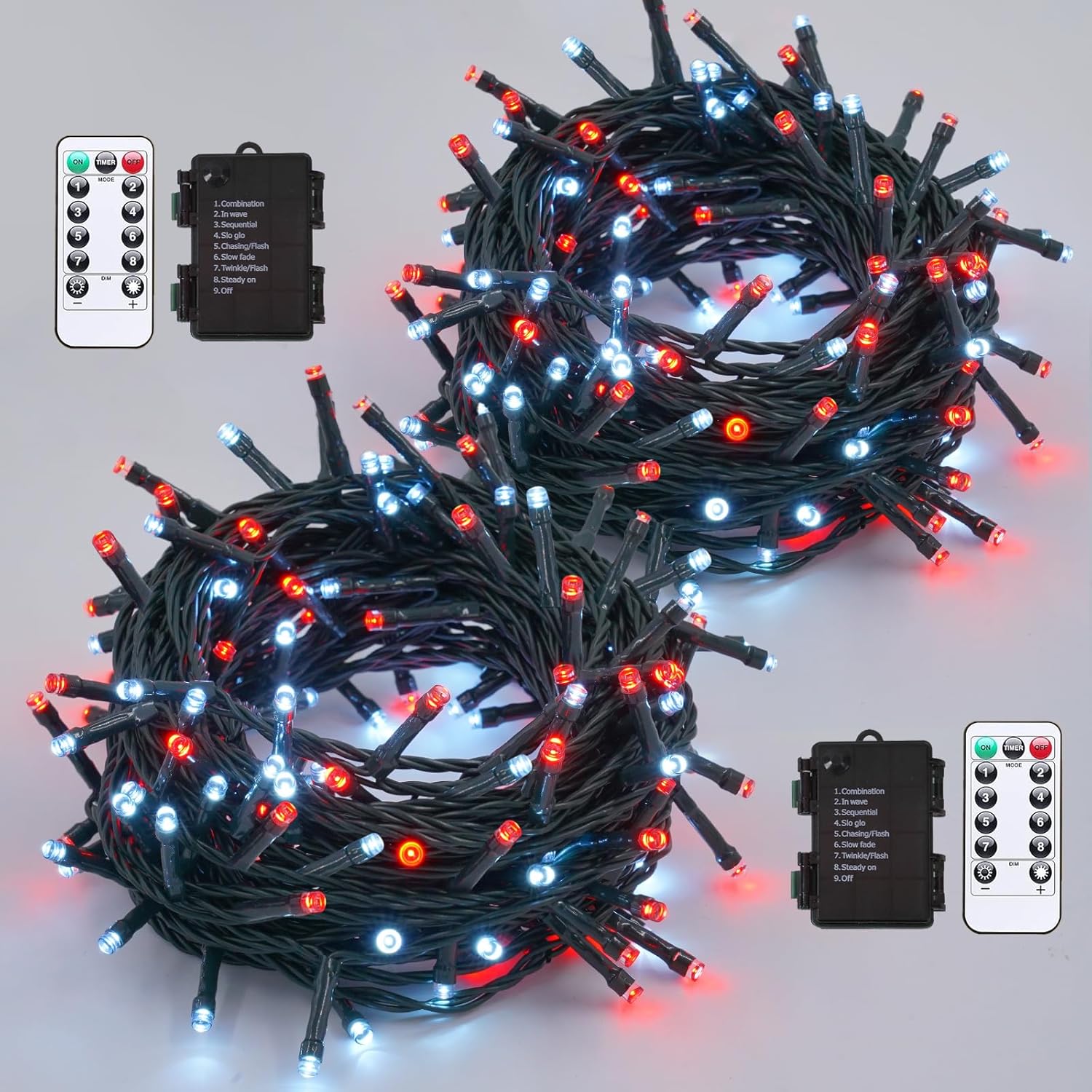 YEGUO Christmas Lights Battery Operated, 2 Pack Each 33ft 100 LED Red and White String Lights Outdoor Waterproof, 8 Modes Green Wire Fairy Light Indoor with Remote