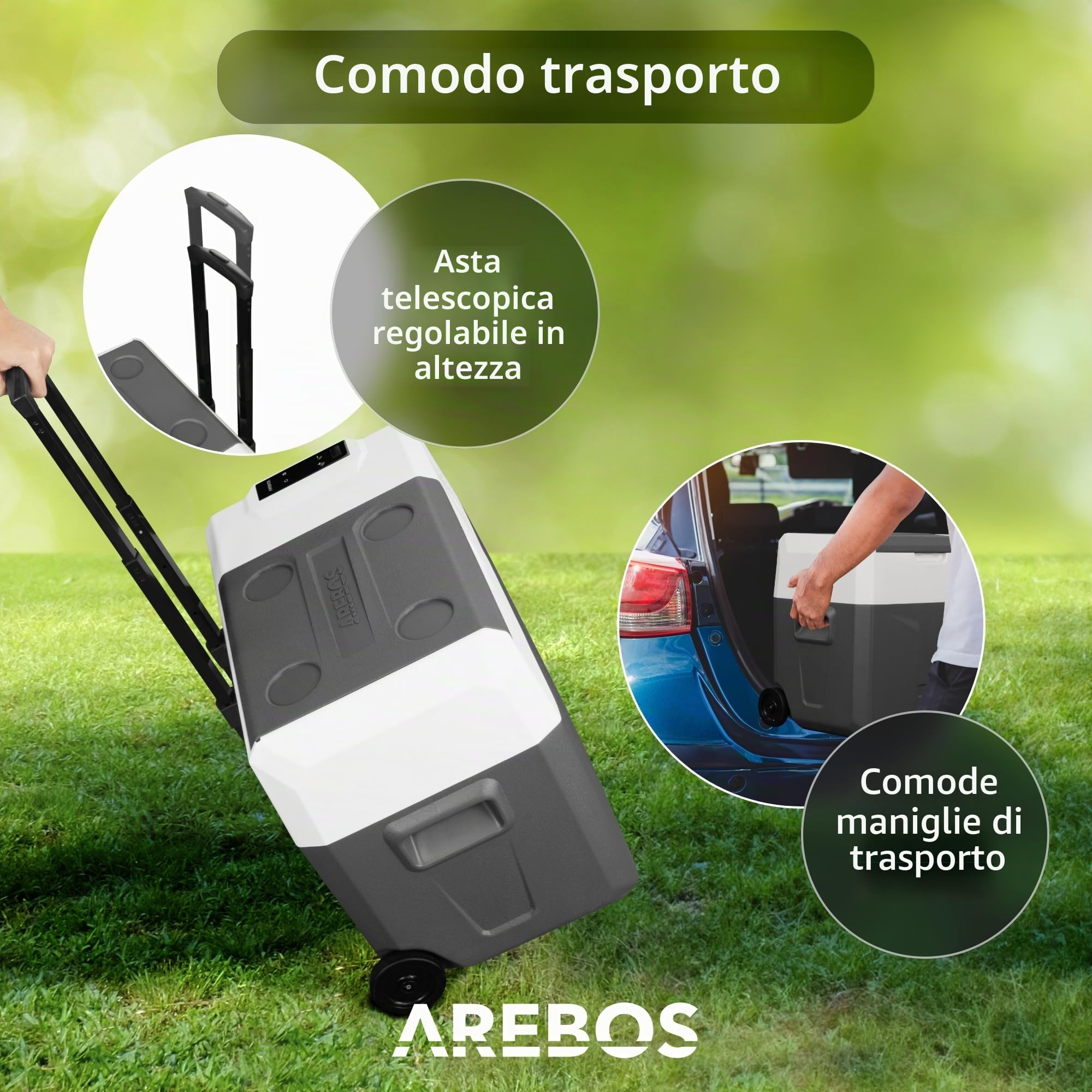 Arebos Compressore frigorifero con ruote, 27 litri, congelatore elettrico con app e controllo intelligente, porta USB fino a -20 °C, 12/24 V, 230 V, per auto, camion