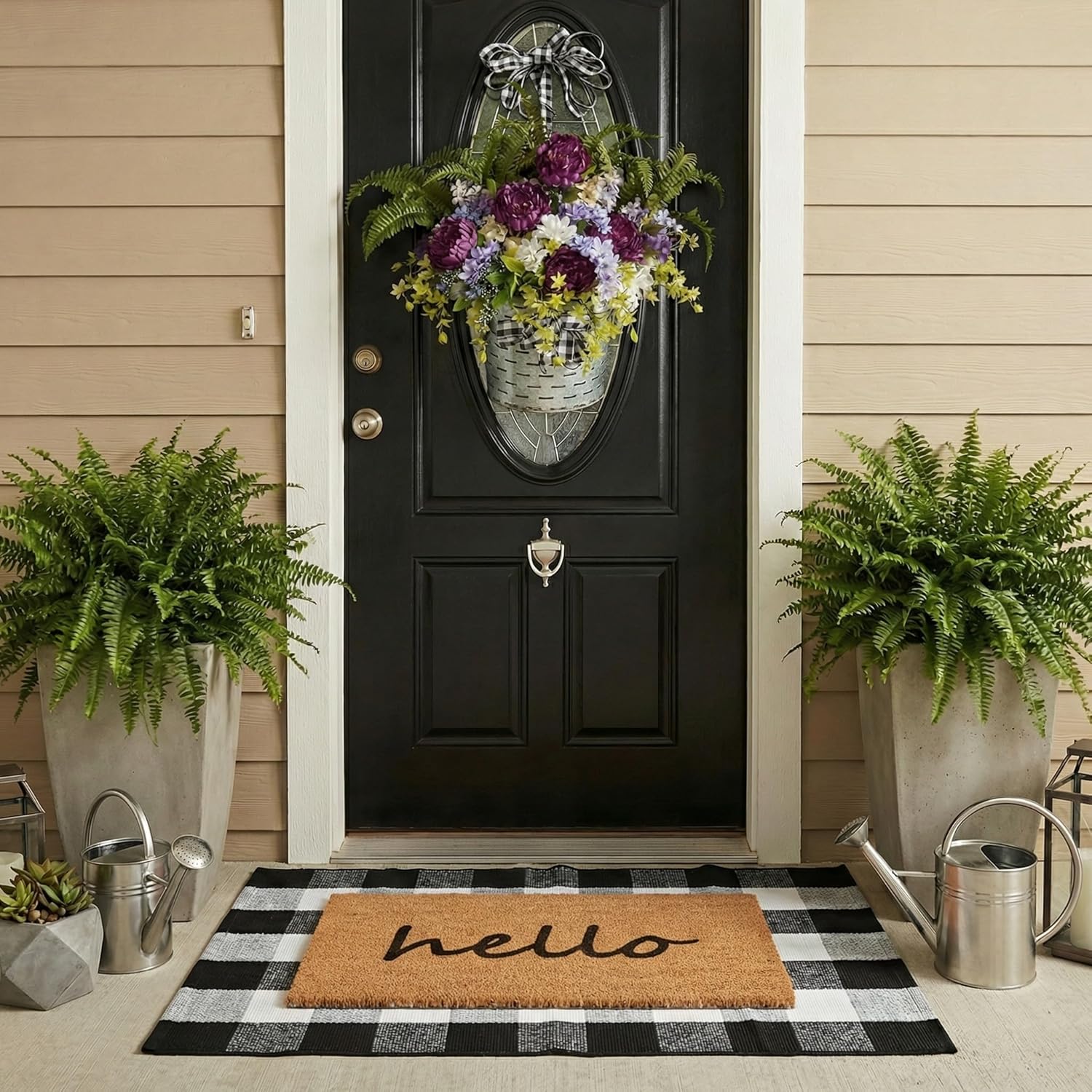 2-Piece Layered Front Doormat Set, Hello Natural Coco Coir Door Mat + 28"x43" Black and White Buffalo Plaid Rug, Non-Slip Backing Outdoor Entryway Decor for Front Porch, Patio, Home