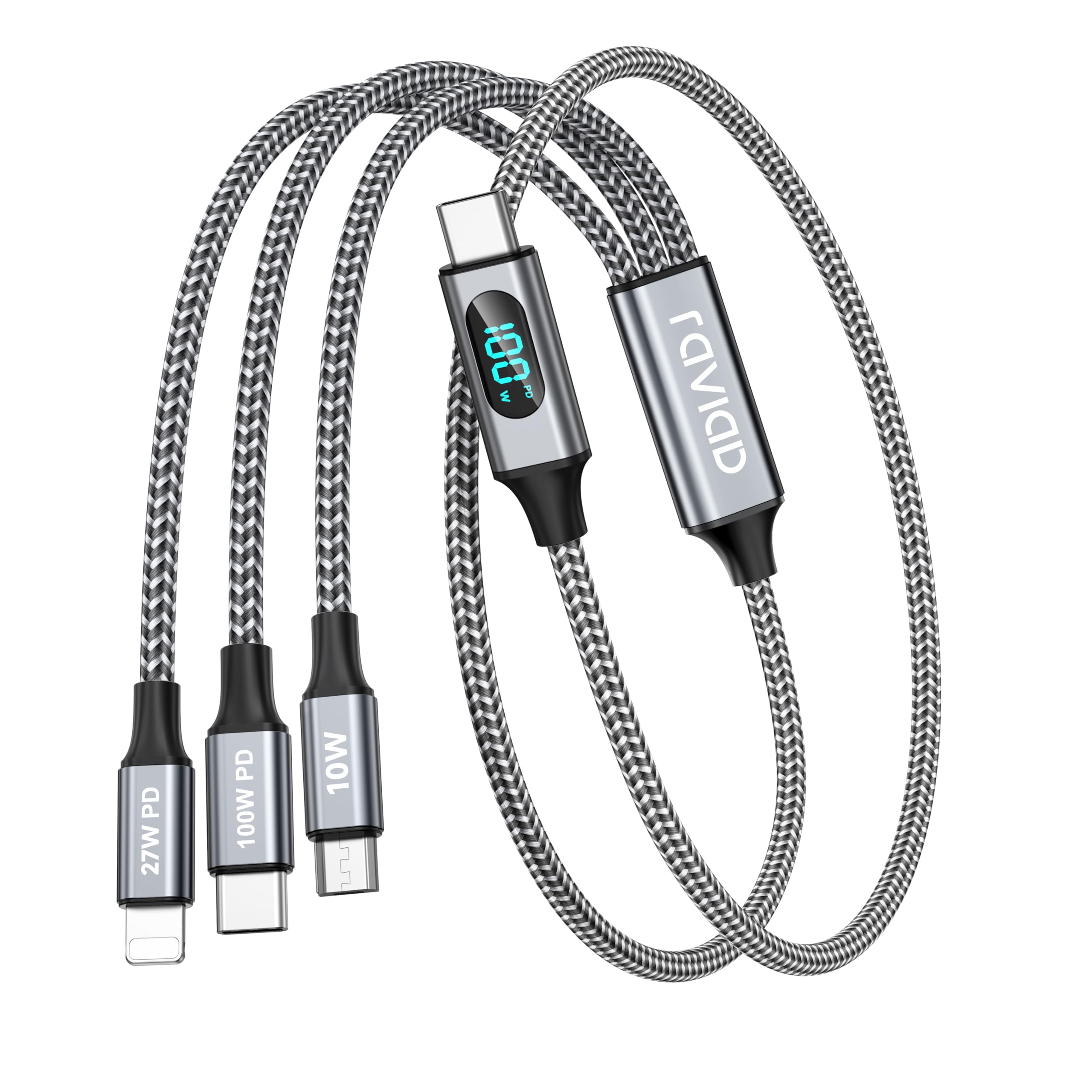 RAVIAD 100W Cavo USB C Ricarica Multiplo [0.5M] con Display LED USB C a USB C PD [100W]+TYP C a Lightning [27W]+TYP C a Micro [10W] per iPhone 16 15 14, Galaxy S24 S23, Pad Pro/Mini, MacBook/Air