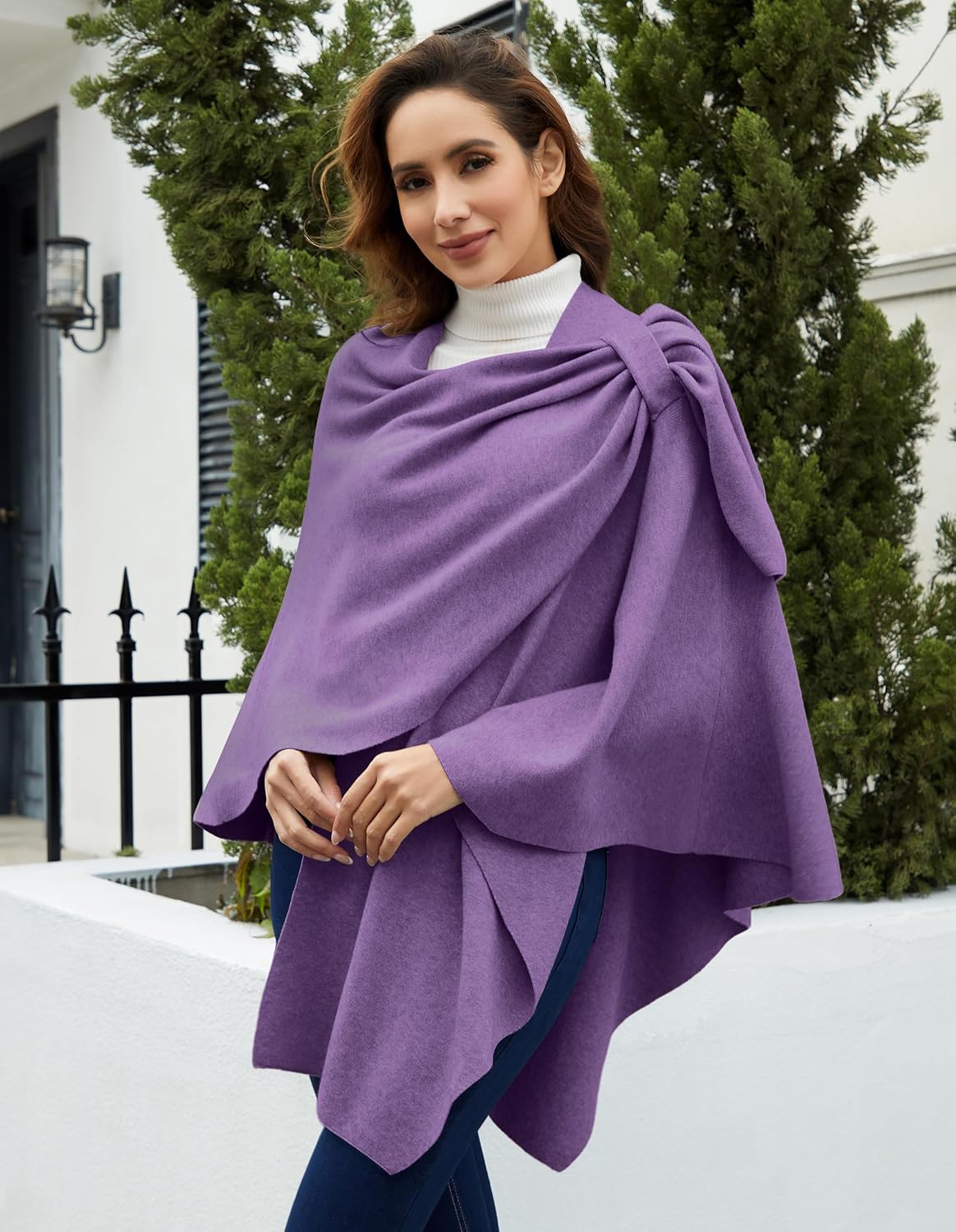 PULI Womens Large Cross Front Poncho Sweater Wrap Topper Knitted Elegant Shawls Cape for Fall Winter - Image 5