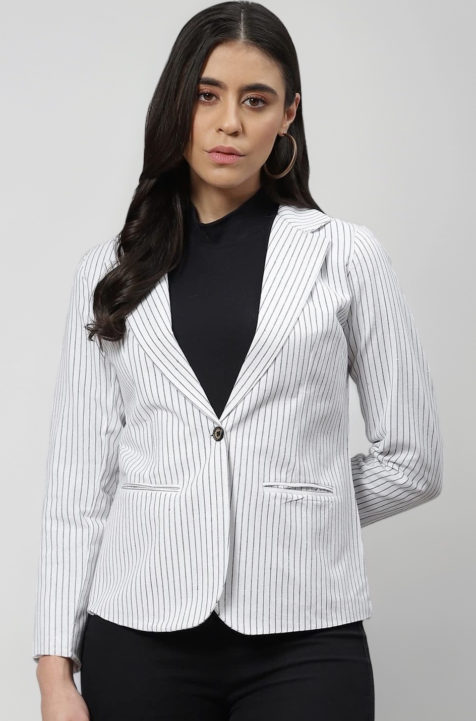 White and Black Striped Single-Breasted Blazer