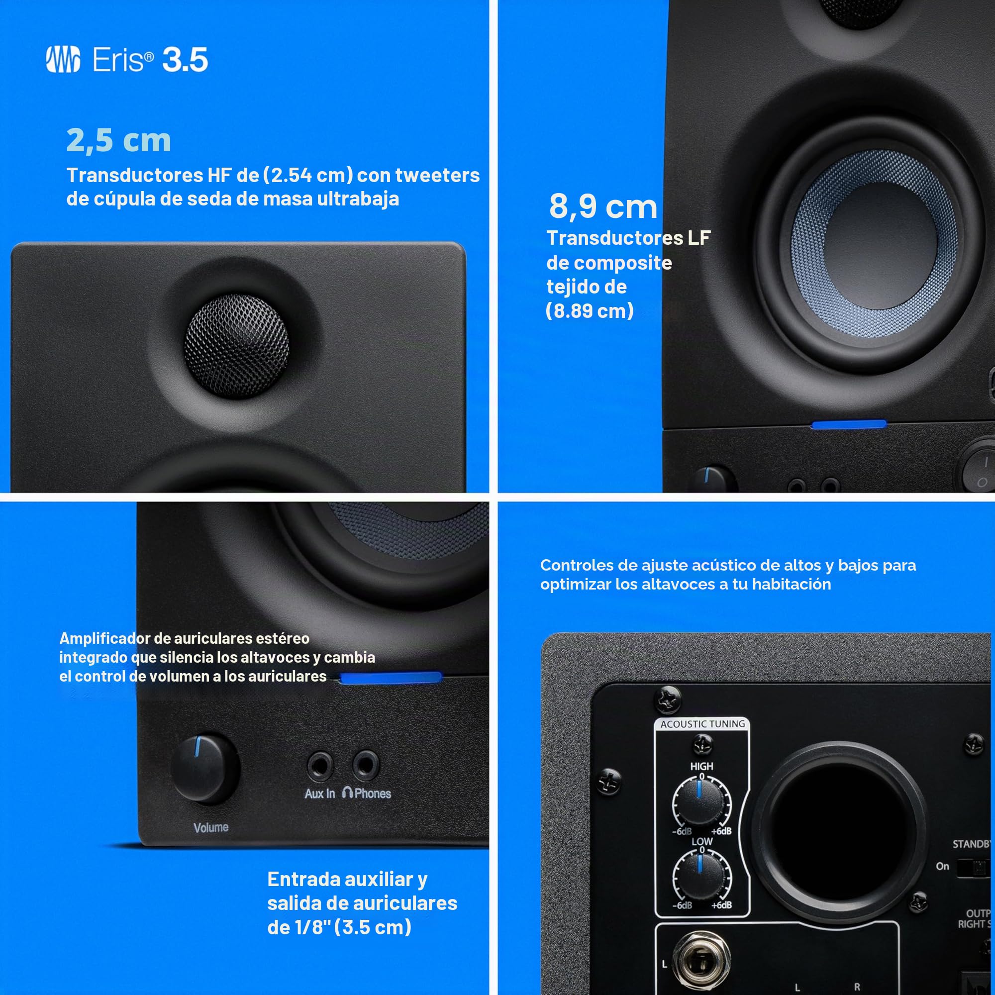 PreSonus Eris 3.5 Gen 2, Altavoces Activos de Escritorio 3.5" para Multimedia, Juegos, Producción Musical de Calidad Estudio, Potencia 50 W
