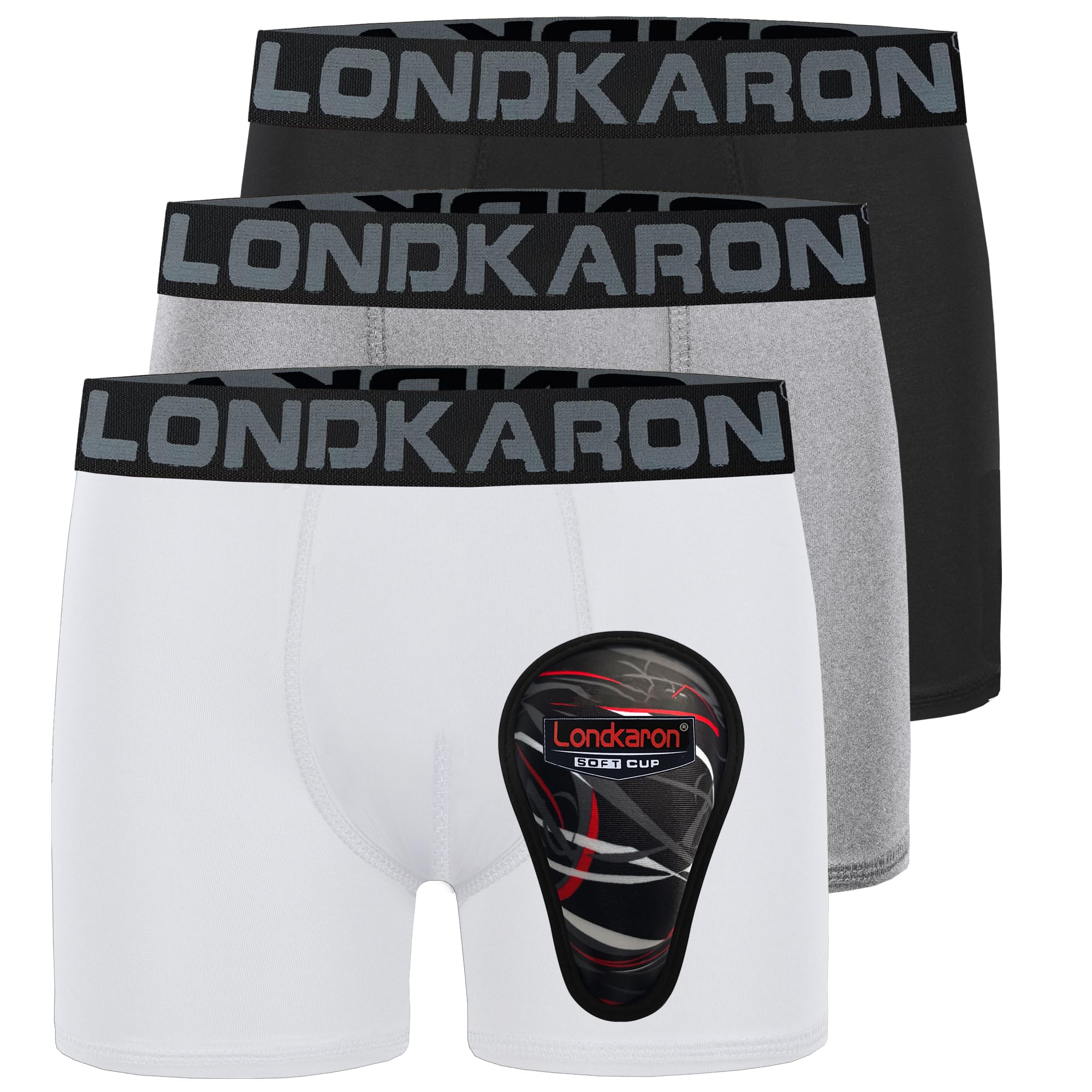 Londkaron3-Pack Youth Boys Stretch Boxer Briefs w/Soft Protective Cup, Elite Boxer Jock for Baseball & Football