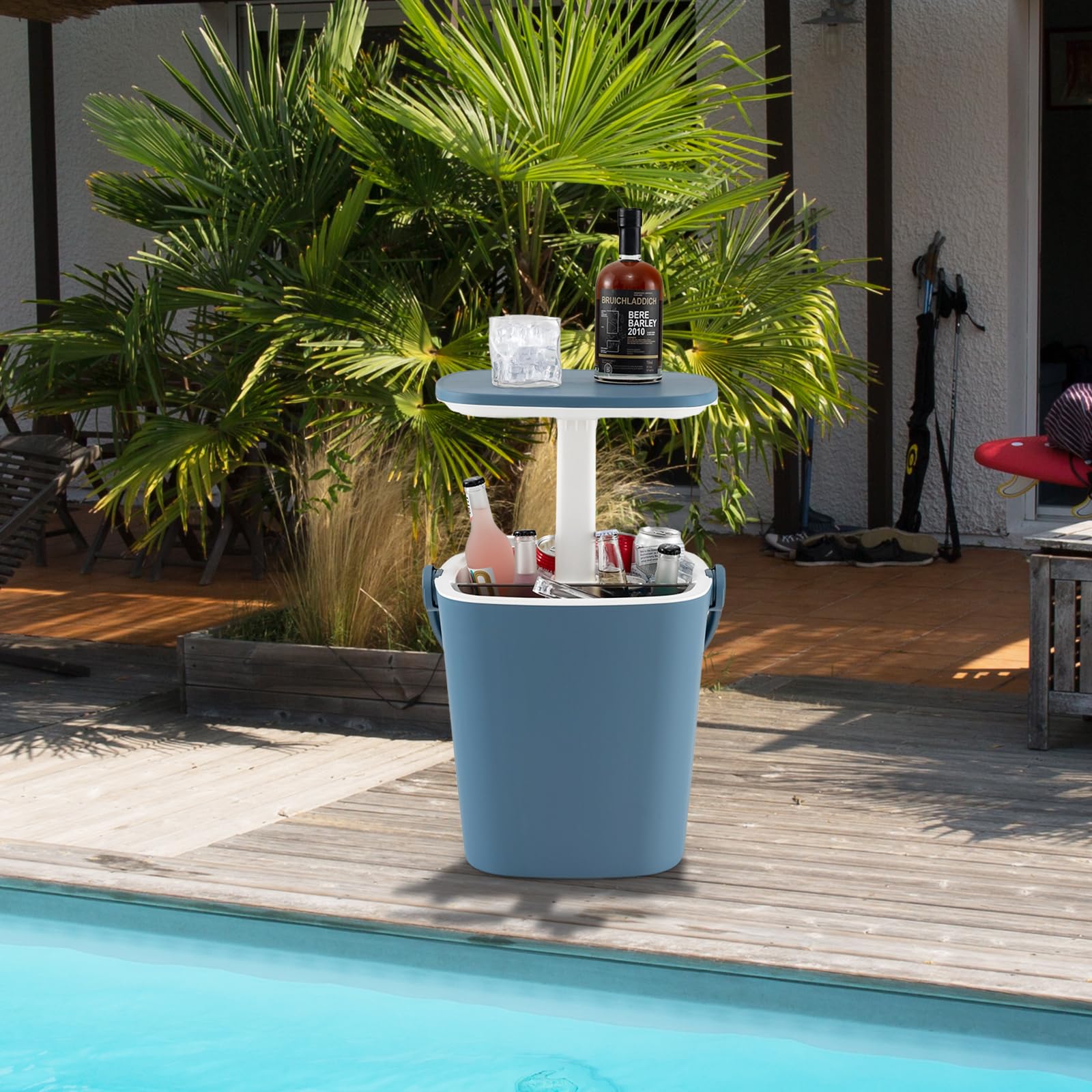 SOARS Bar Exterieur 3 en 1 15L Table d'Appoint Réglable en Hauteur 35 x 34 x 37-58 cm avec Boîte à Glace, Pince, Refroidissiment Jusqu'à 6H, Table pour Jardin Piscine Salon Chambre Bleu