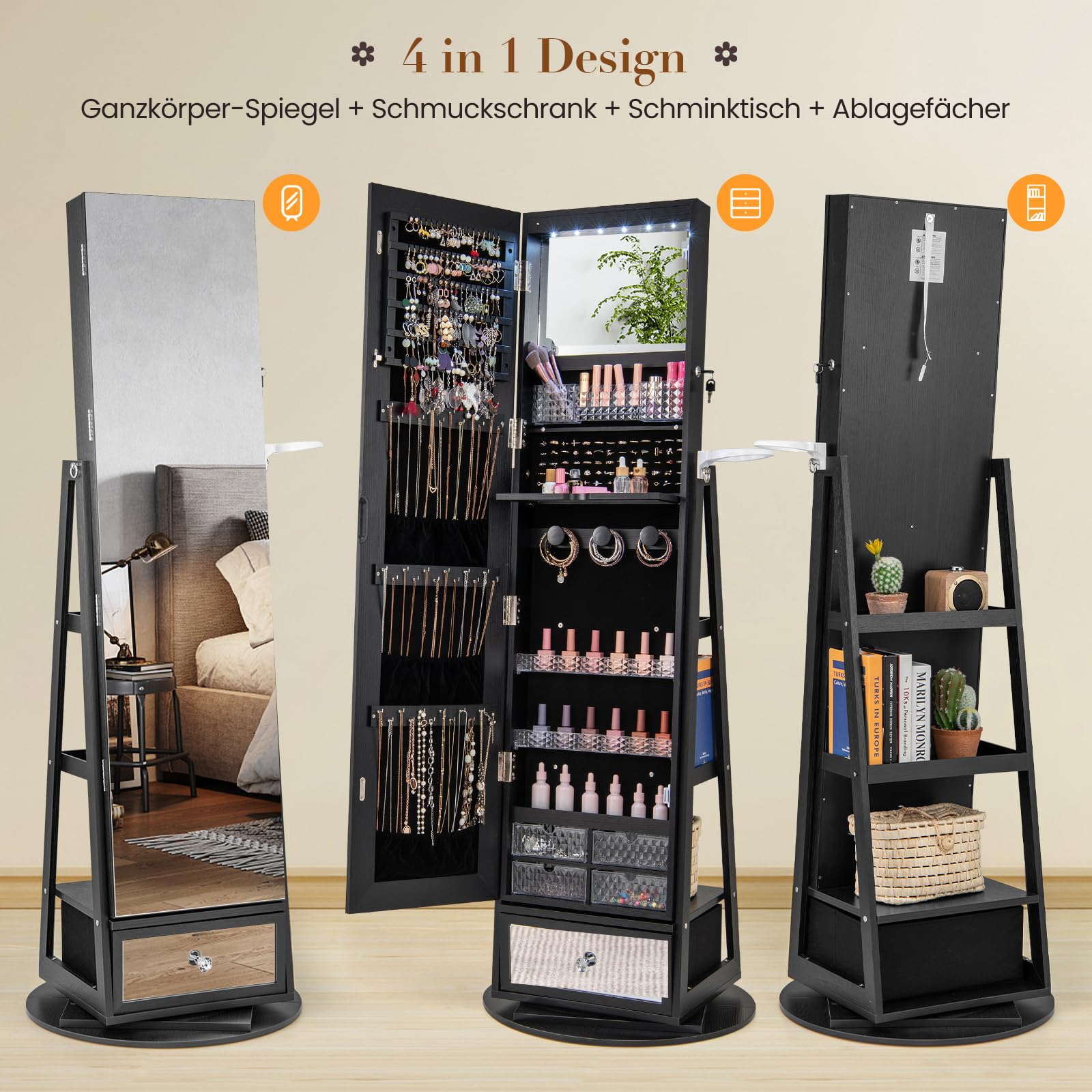 COSTWAY Schmuckschrank 360° drehbar, Spiegelschrank mit Ganzkörperspiegel, LED-Leucheten & Schublade & Haartrocknerhalter, Schmuckregal abschließbar, Standspiegel für Schmuck (Schwarz)