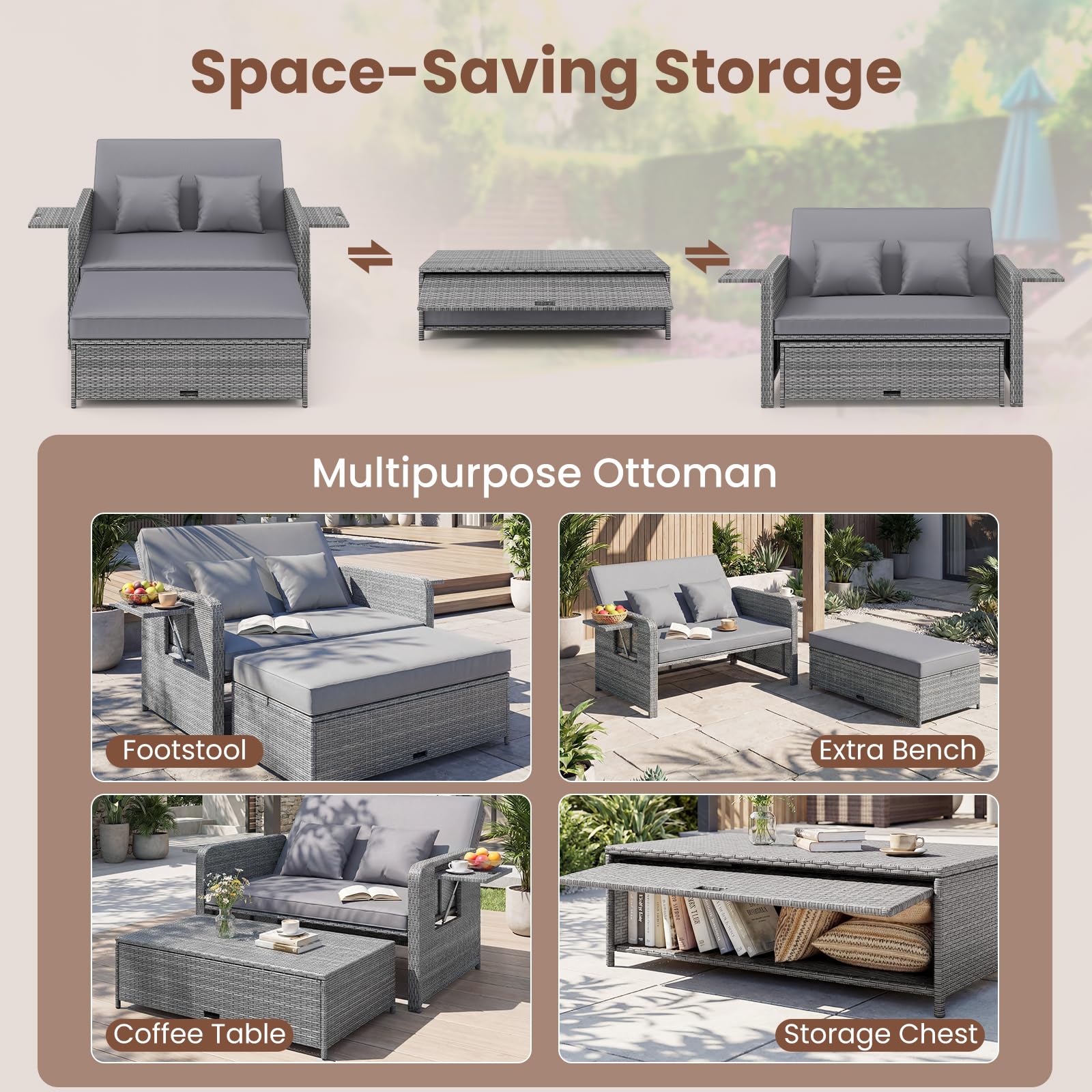 GIANTEX Canape Exterieur Jardin 2 Pièces, Canapé de Jardin 2 Places en Rotin PE, Ottoman de Rangement, Dossier Réglable, Tables d'Appoint Rétractables, Coussins Doux, pour Porche, Patio, Gris