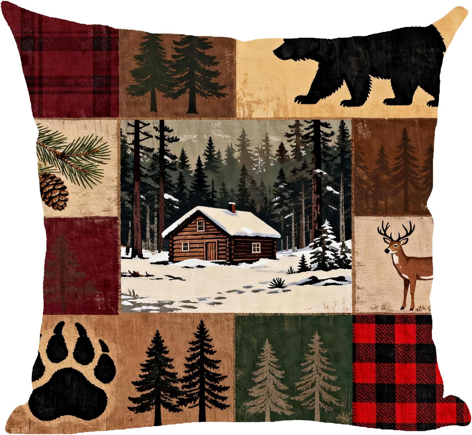 Ramirar Retro Brown Deer Bear Paw Print Pine Trees Forest Cabin Decorative Throw Pillow Cover Case Home Living Room Bed Sofa Car Cotton Linen Square 18 x 18 Inches