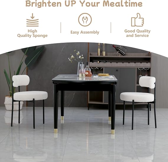 White Dining Chairs Set of 4, Modern Upholstered Kitchen Chair with Thickened Seat (3.94 Inch) - Curved Backrest & Sturdy Metal Legs, Comfortable Boucle Chairs for Dining Room, Kitchen