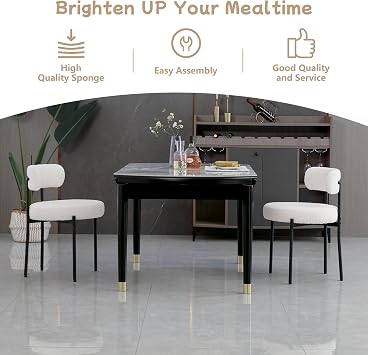 White Dining Chairs Set of 4, Modern Upholstered Kitchen Chair with Thickened Seat (3.94 Inch) - Curved Backrest & Sturdy Metal Legs, Comfortable Boucle Chairs for Dining Room, Kitchen
