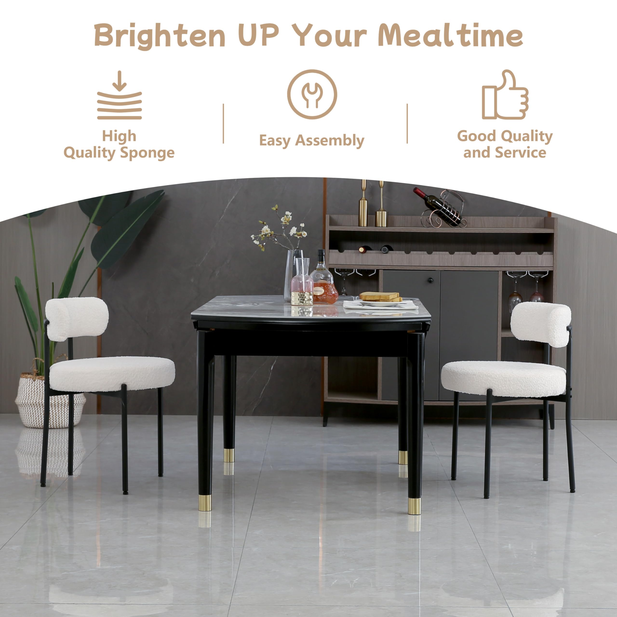 Set di 4 sedie da sala da pranzo con schienale, struttura in metallo nero, imbottita, moderna, design retrò, per cucina, sala da pranzo, bianco