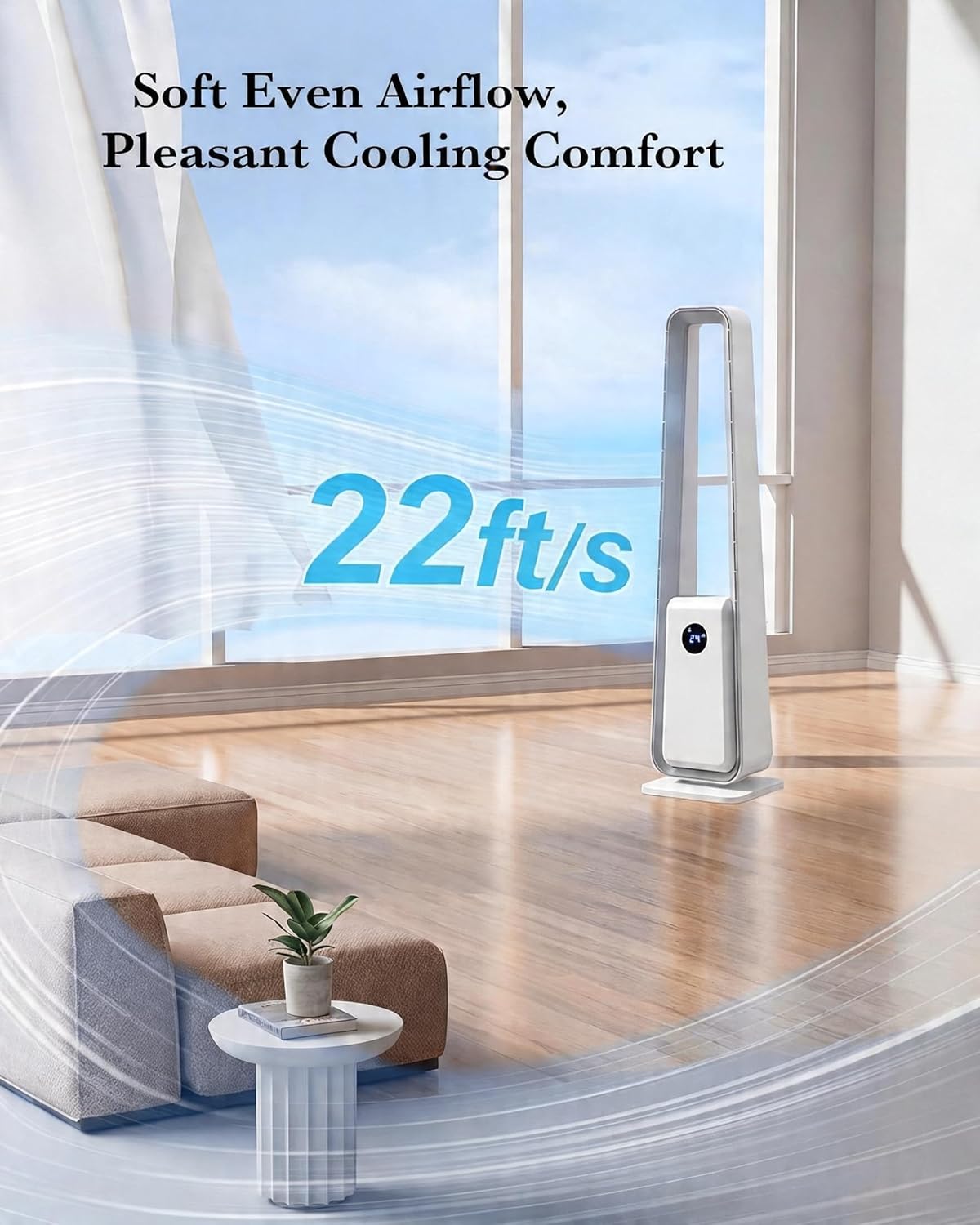 Bladeless Tower Fan, Bladeless Fan for Bedroom, 24 Speed Settings, 75° Oscillating Compact Floor Fan, 22ft/s Powerful Airflow, 3 Modes & 12 Hour Timer, Bladeless Fan for Office, Home