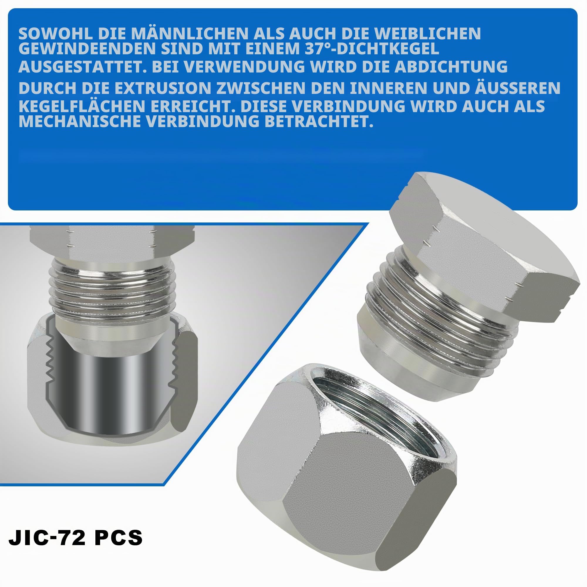 72-teiliges JIC-Kappen- und Stopfen-Set, 37-Grad-Flare-Gewinde, Hydraulikschlaucharmaturen, Karbonstahl, Größe 4, 6, 8, 10, 12, 16