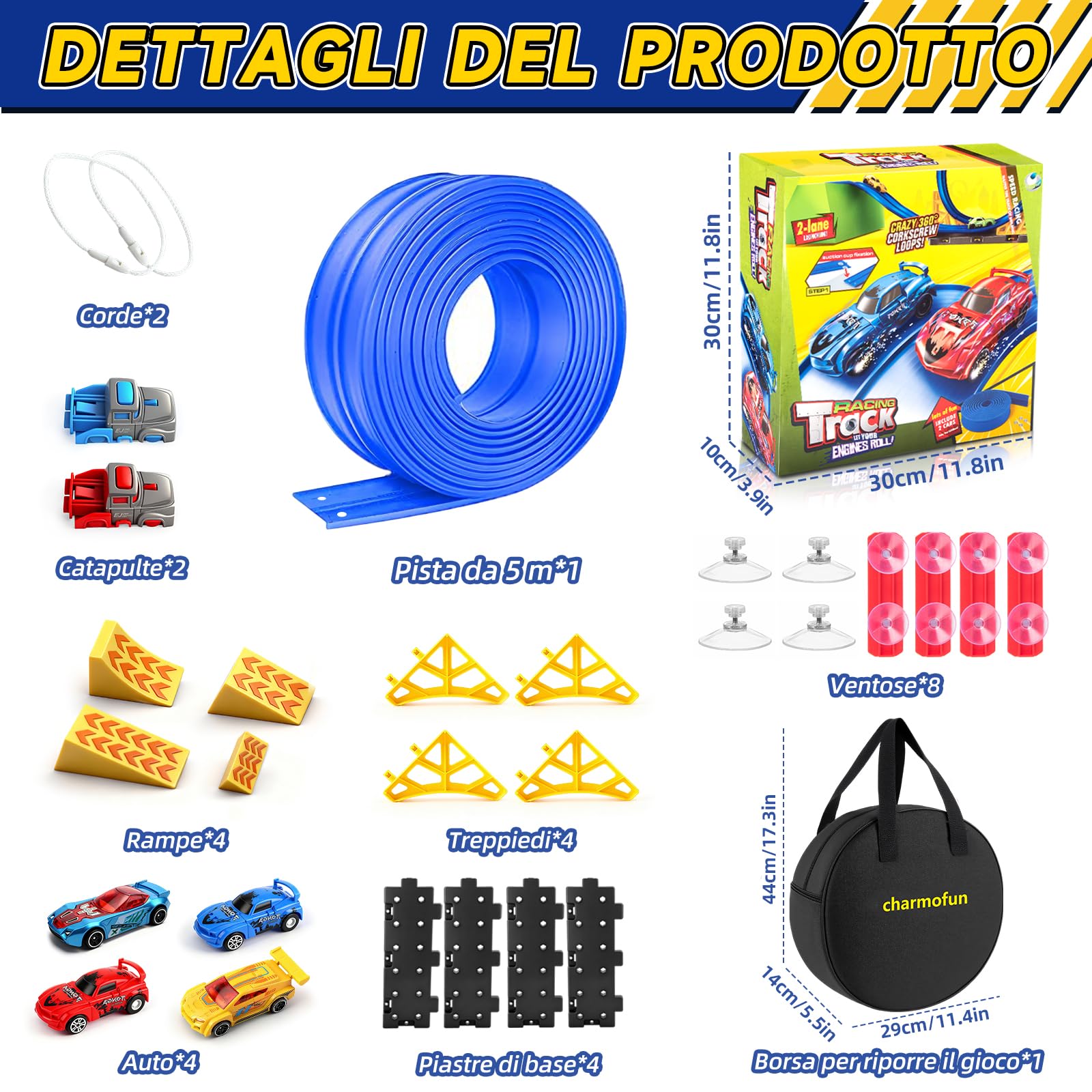 Charmofun Pista Macchinine Flessibile 5M, Giocattolo Piste da Corsa con 4 Auto, Borsa con 4 auto, 2 lanciatori, 8 rampe triangolari e 8 ventose, Portatile Pista per Bambini 3+ Anni (Blu)