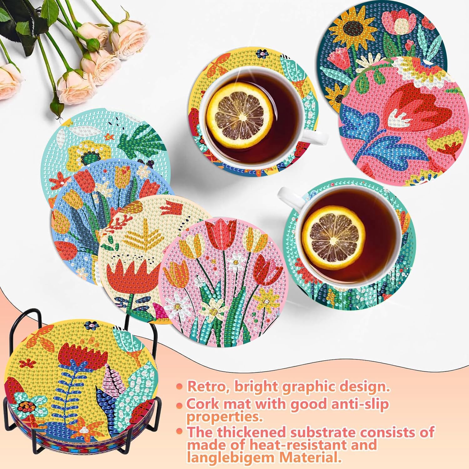 Benjenes 8PCS Flowers Diamond Art Coasters Kit for Adults | DIY Diamond Painting Coasters with Cork Backing, Full Drill Rhinestone Craft Kit with Holder for Home Decor and Gifts