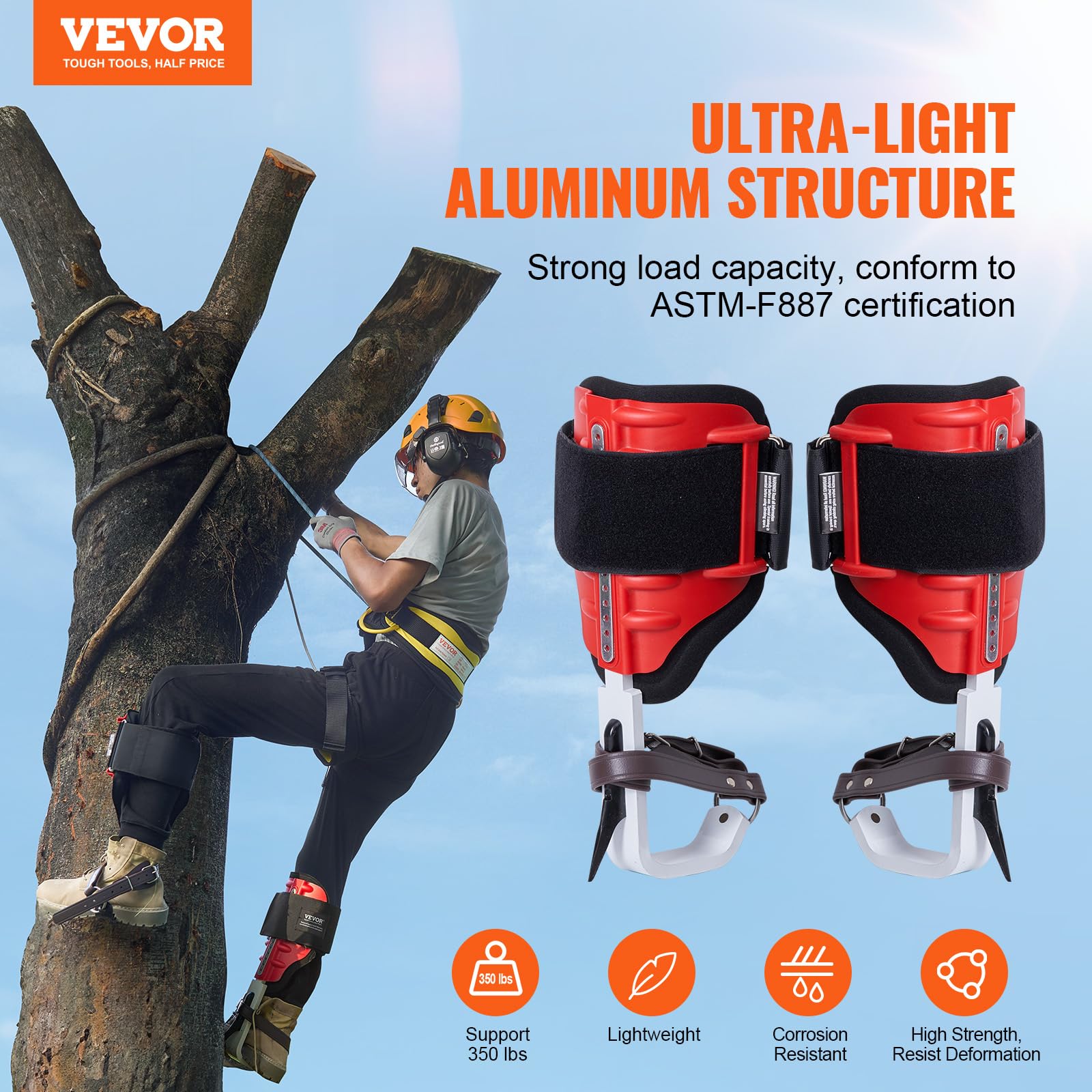 VEVOR 1 paio di punte per arrampicata su alberi, regolabili in altezza, capacità di carico 158,8 kg, attrezzatura per arrampicata su alberi con cinghie, attrezzatura per arboricoltori per