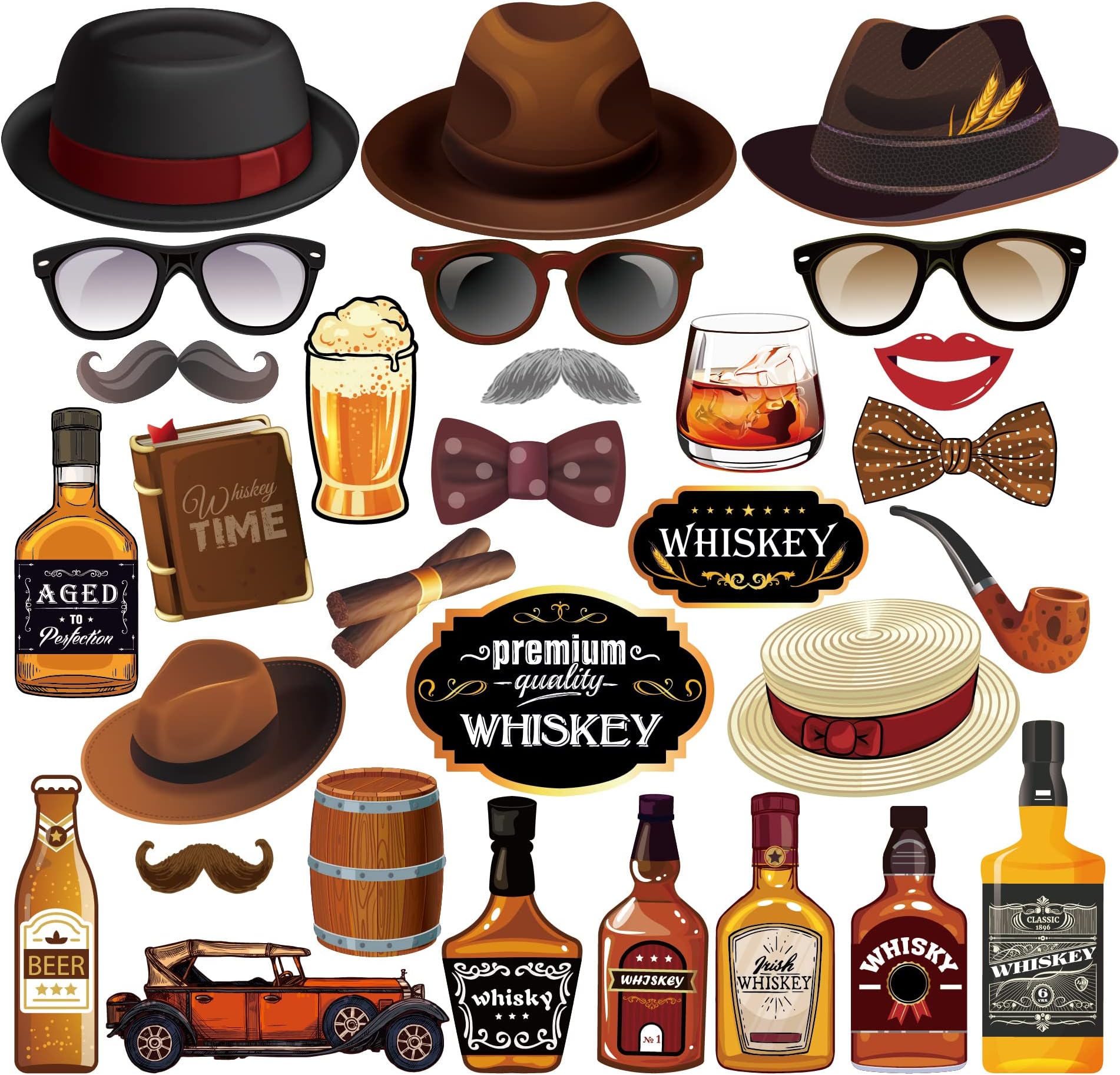 30pcs Whiskey Party Photo Booth Props with Sticks, Oktoberfest Photo Booth Props, Men Women Holiday Whiskey Beer Bar Themed Birthday Party Gathering Photo Props