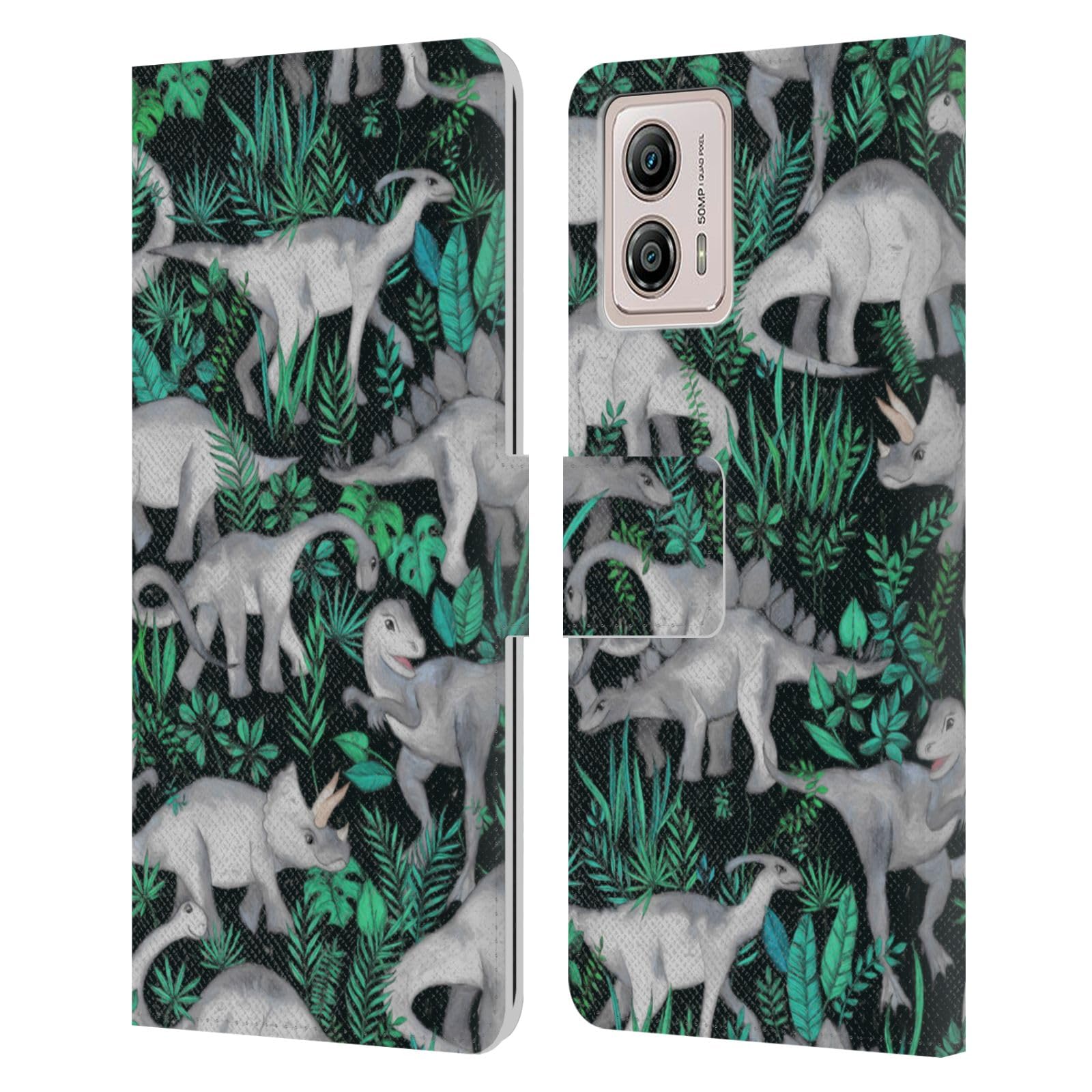 Head Case Designs Officially Licensed Micklyn Le Feuvre Dinosaur Jungle Patterns 6 Leather Book Wallet Case Cover Compatible with Motorola Moto G53 5G