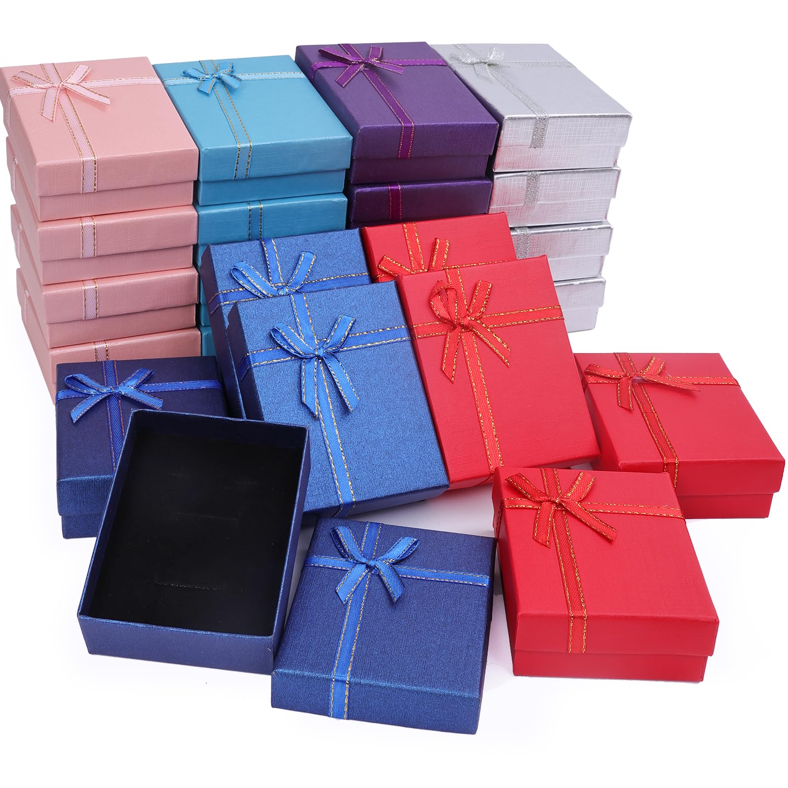 Schmuck-Geschenkbox-Set aus Karton, leere Geschenkboxen mit Deckel und Schleifen, für Ohrringe, Halsketten, Ringe, Armbänder, 24 Stück