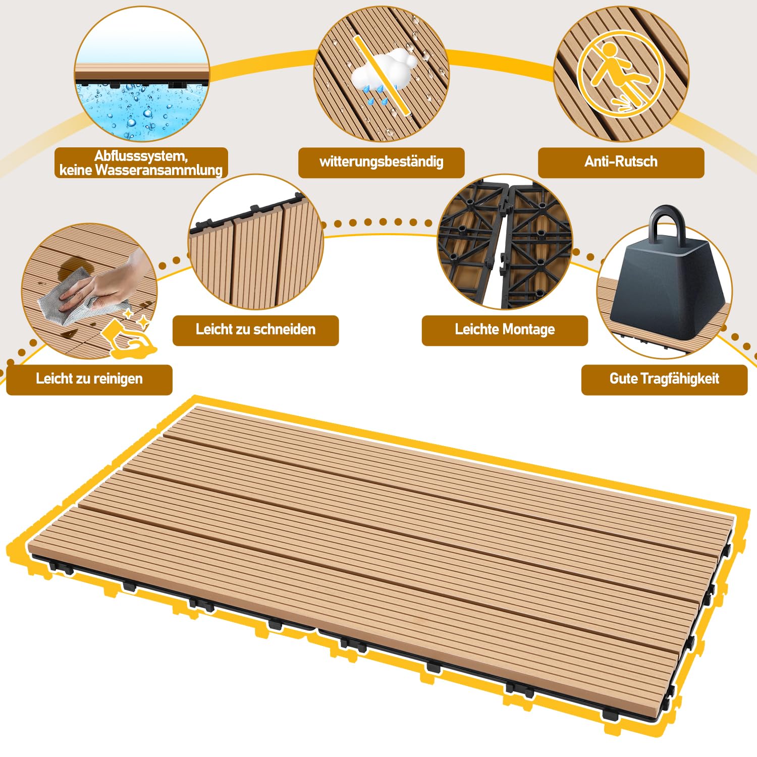 Randaco Lot de 12 dalles de balcon en WPC - 30 x 60 cm - Aspect bois - Pour 2 m² - Résistant aux intempéries - Avec fonction de drainage - Antidérapant - Facile à poser - Teck