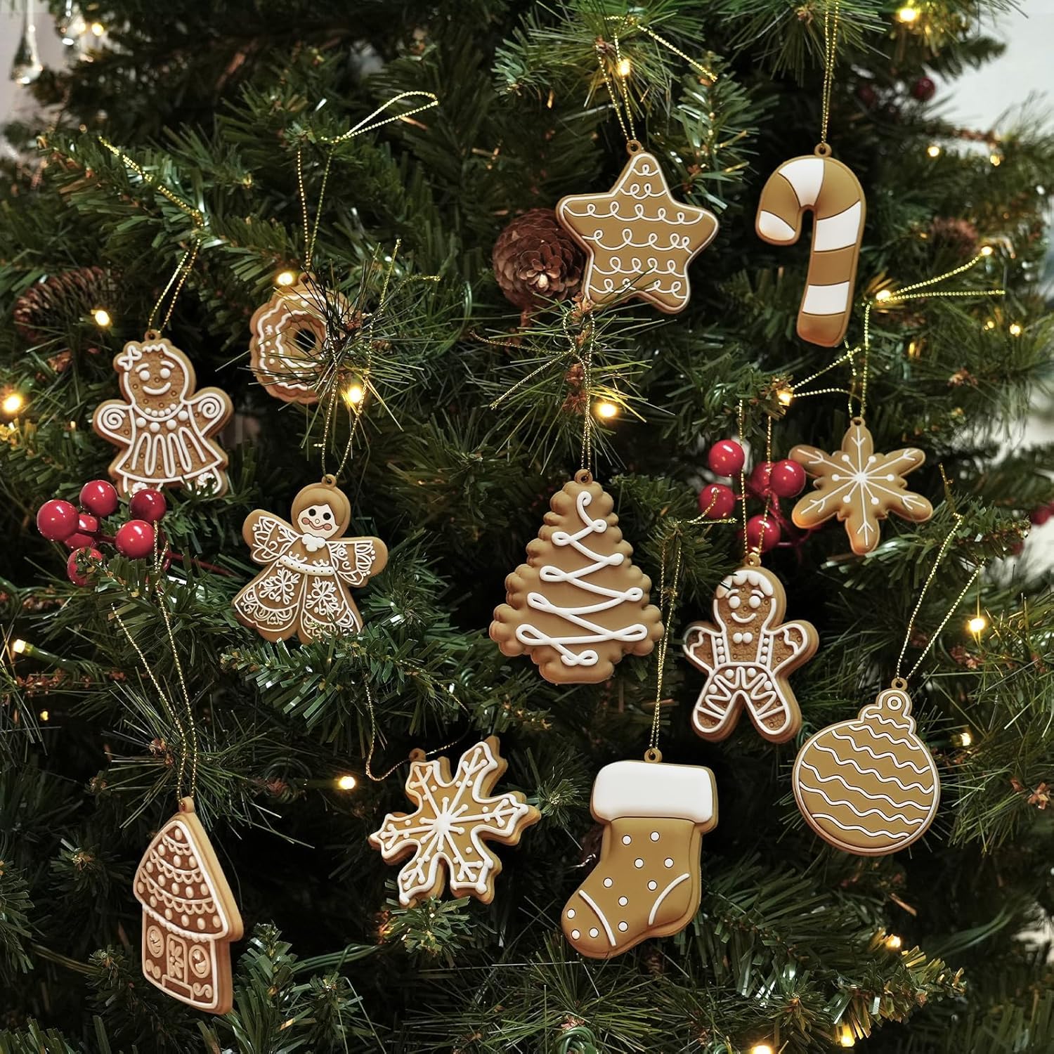 12pcs Christmas Gingerbread Cookie Ornaments, Assorted Gingerbread Figurines Decorations with Gingerbreads House Snowflake Ornaments for Xmas Tree Winter Crafts Holiday Home Party Decor Indoor - Image 7