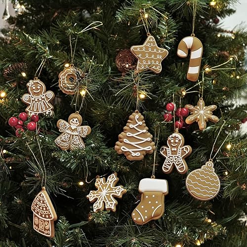 Miniatura 64 de Adornos de casa de jengibre para decoración de árbol de Navidad, 12 piezas de decoración de Navidad de casa de jengibre, adornos colgantes