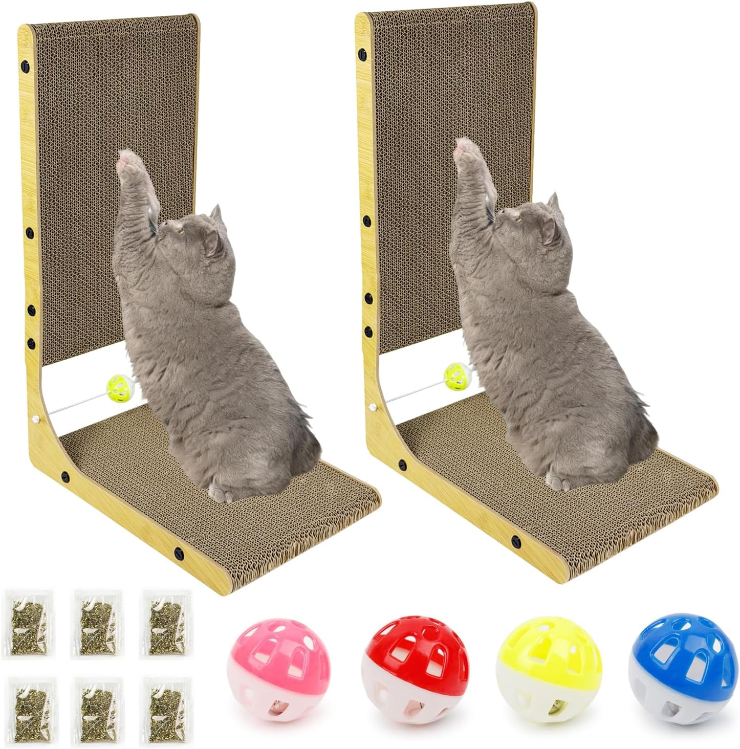 Value 2-Pack 23.6 Inch L-Shaped Cardboard Cat Scratcher, Dual Use (Vert/Horiz) Scratch Pad with Toy Balls, Wall-Mountable Furniture Protector Cat Scratchers for Indoor Cats