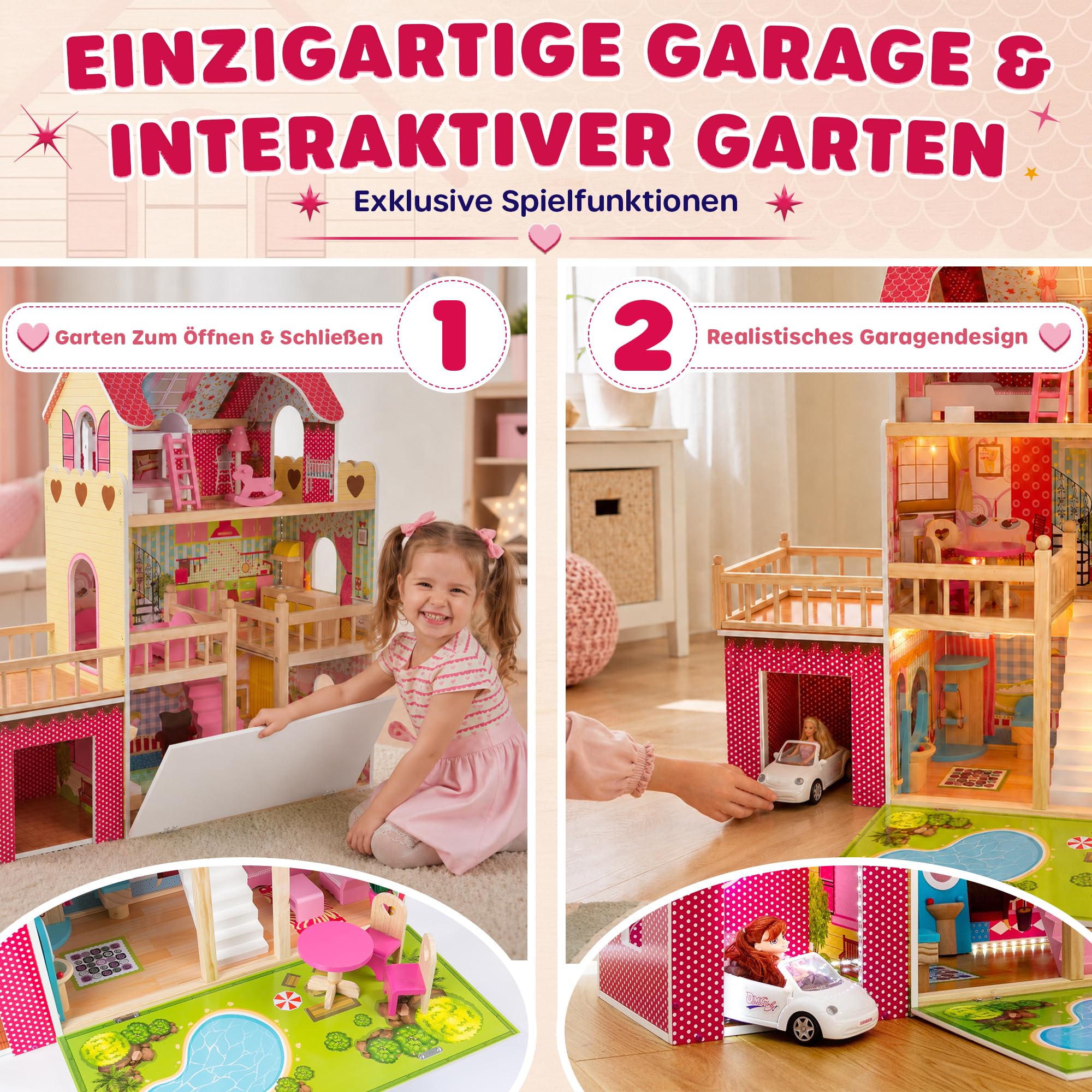 Kinderplay Puppenhaus aus Holz – Große 3‑Etagen‑Villa mit Garage & Garten – LED-Licht, 17 Möbel – Für Kinder ab 3 Jahren, Puppen bis 30 cm – 90 cm hoch