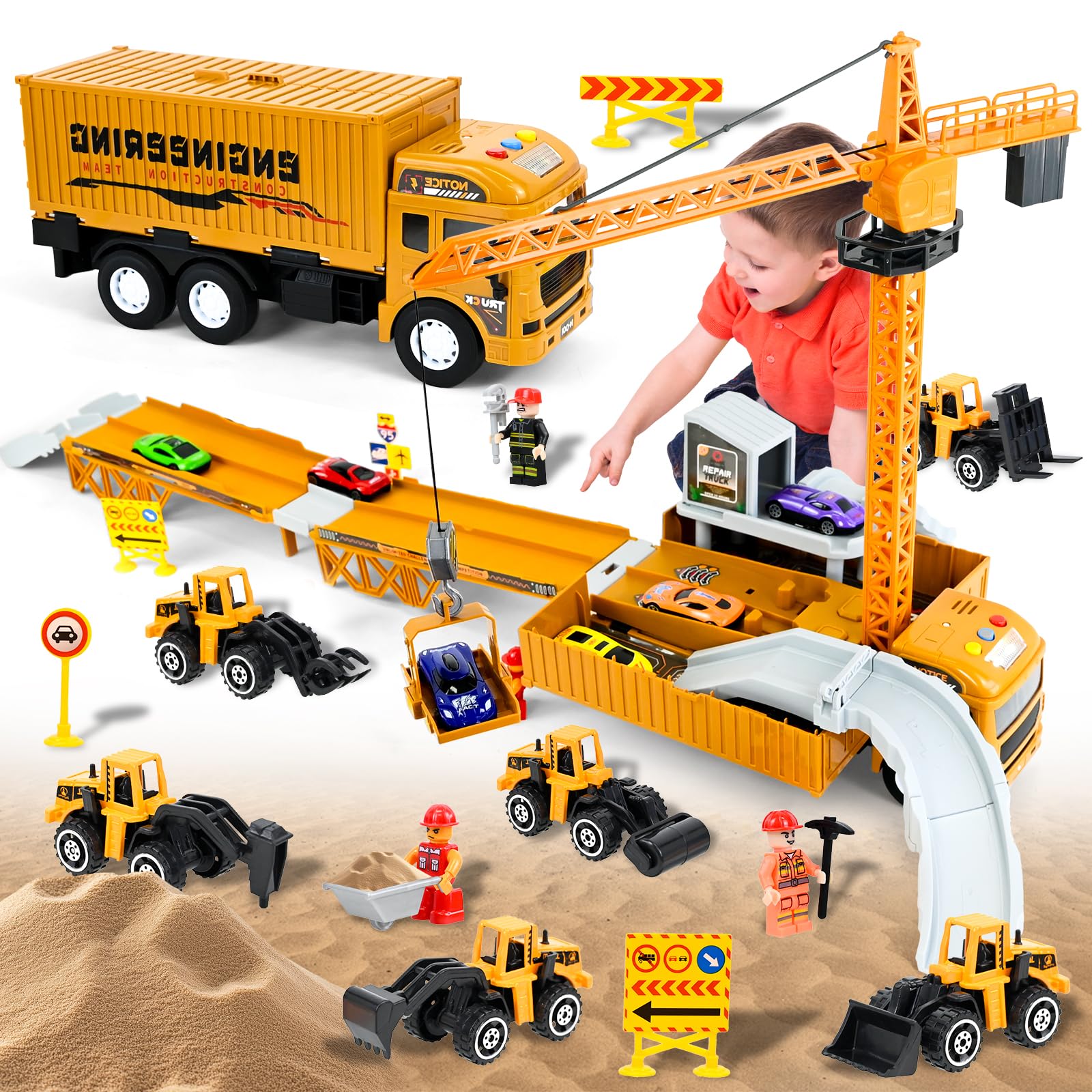 Joellfuner Camion da Cantiere Giocattolo per Bambini, Veicolo Giocattolo da Trasporto con Musica, Luci e Doppia Pista, Camion Carrier Auto Giocattolo Ragazzi con Costruzione Torre Gru per 3+ Anni