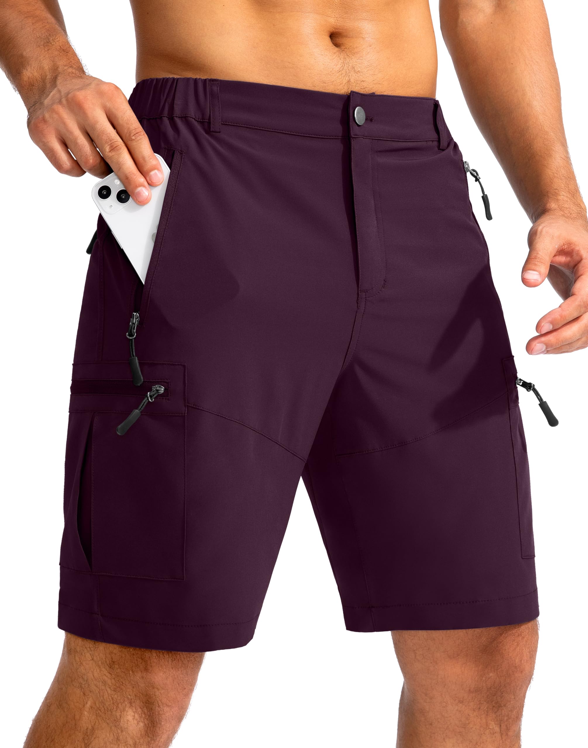Pudolla Men's Hiking Cargo Shorts 9"/7"/11" Lightweight Outdoor Shorts for Men Trip Golf Camping Casual with 5 Zipper Pockets 9" Inseam Large Wine