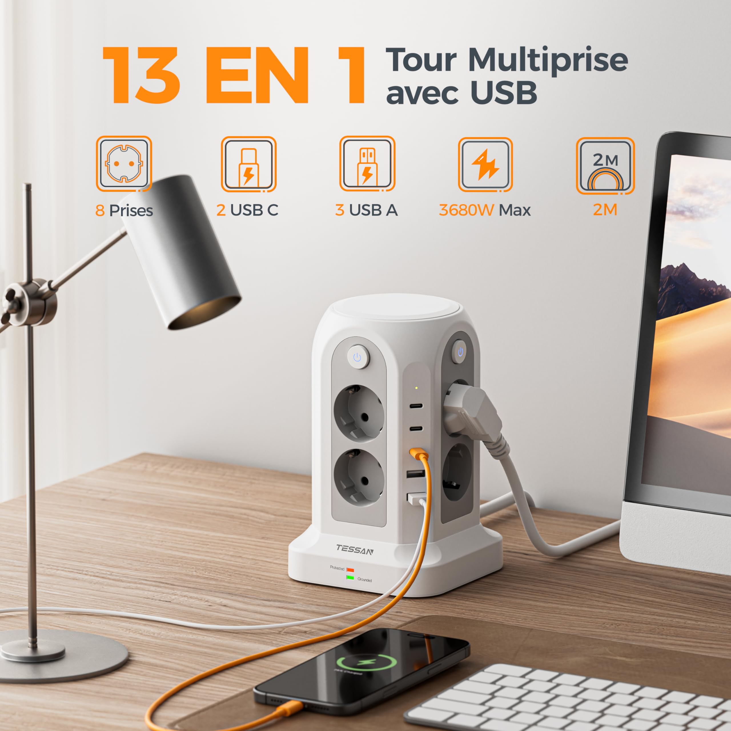 TESSAN Tour Multiprise avec Interrupteurs, Rallonge Electrique 2M, Prise Multiple 3680W avec 8 Sorties AC et 5 Ports USB (2A3C), Multiprise Parafoudre et Surtension pour Bureau et Maison, Gris