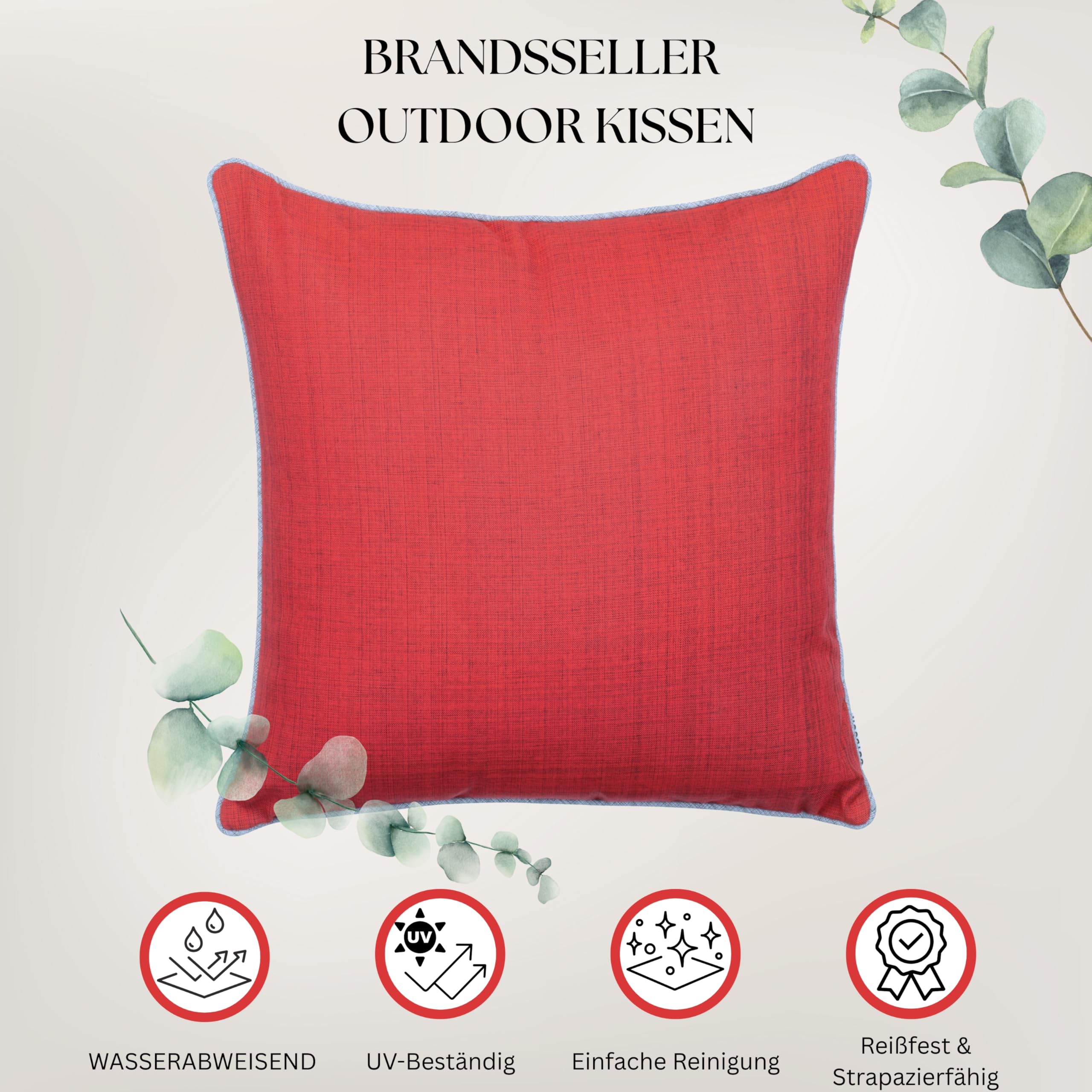 Brandsseller Lot de 4 Coussins d’extérieur 45x45x cm – Coussins décoratifs imperméables avec Passepoil en aspect Lin – Résistants aux intempéries pour Jardin, Balcon, Terrasse et Canapé - Rouge