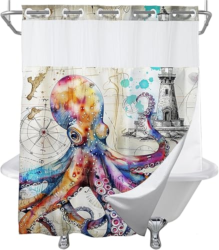 Vista 14 de Juego de cortinas de ducha náuticas de tela, diseño de pulpo, monstruo, velero, decoración de baño con ganchos, impermeable, lavable, 72 x 72