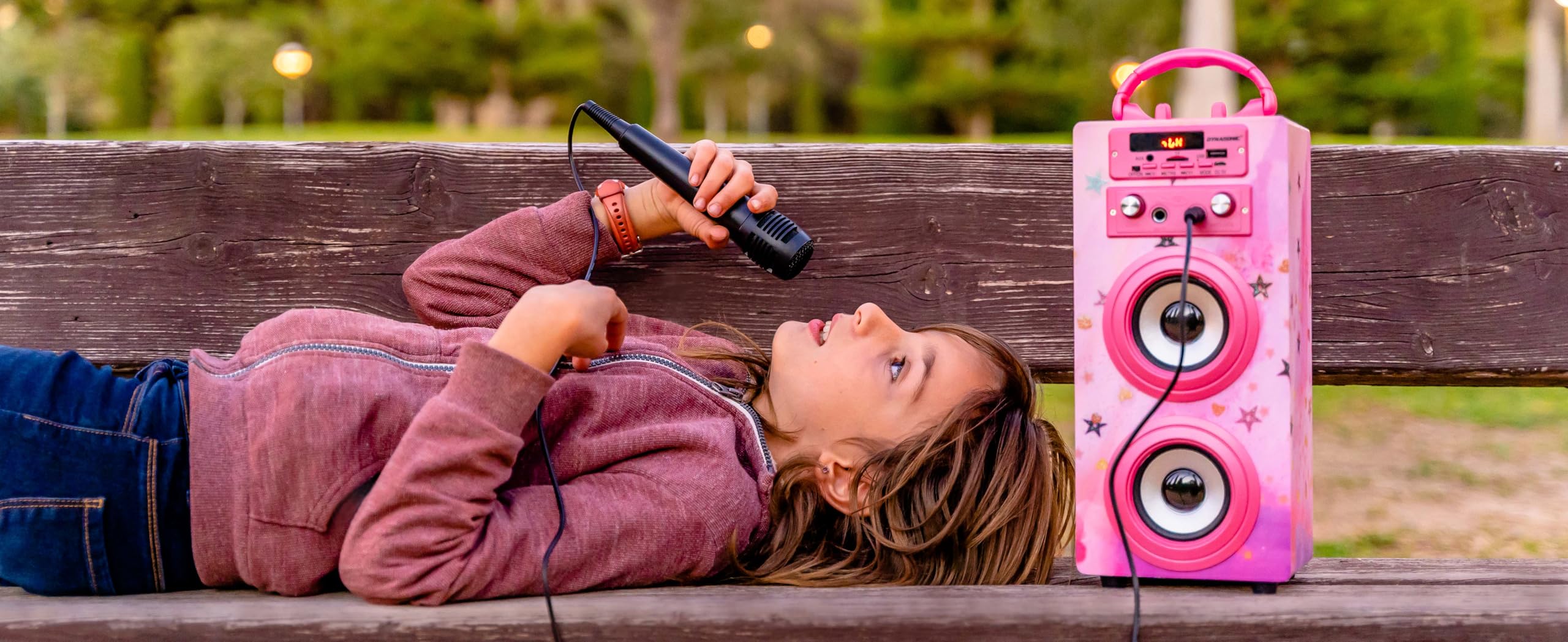 Dynasonic Karaoke Altavoz Bluetooth Portatil, 2 Micrófonos, USB/SD/AUX, Luces LED, Batería Recargable. Regalo para niños, comunión, cumpleaños y Fiestas