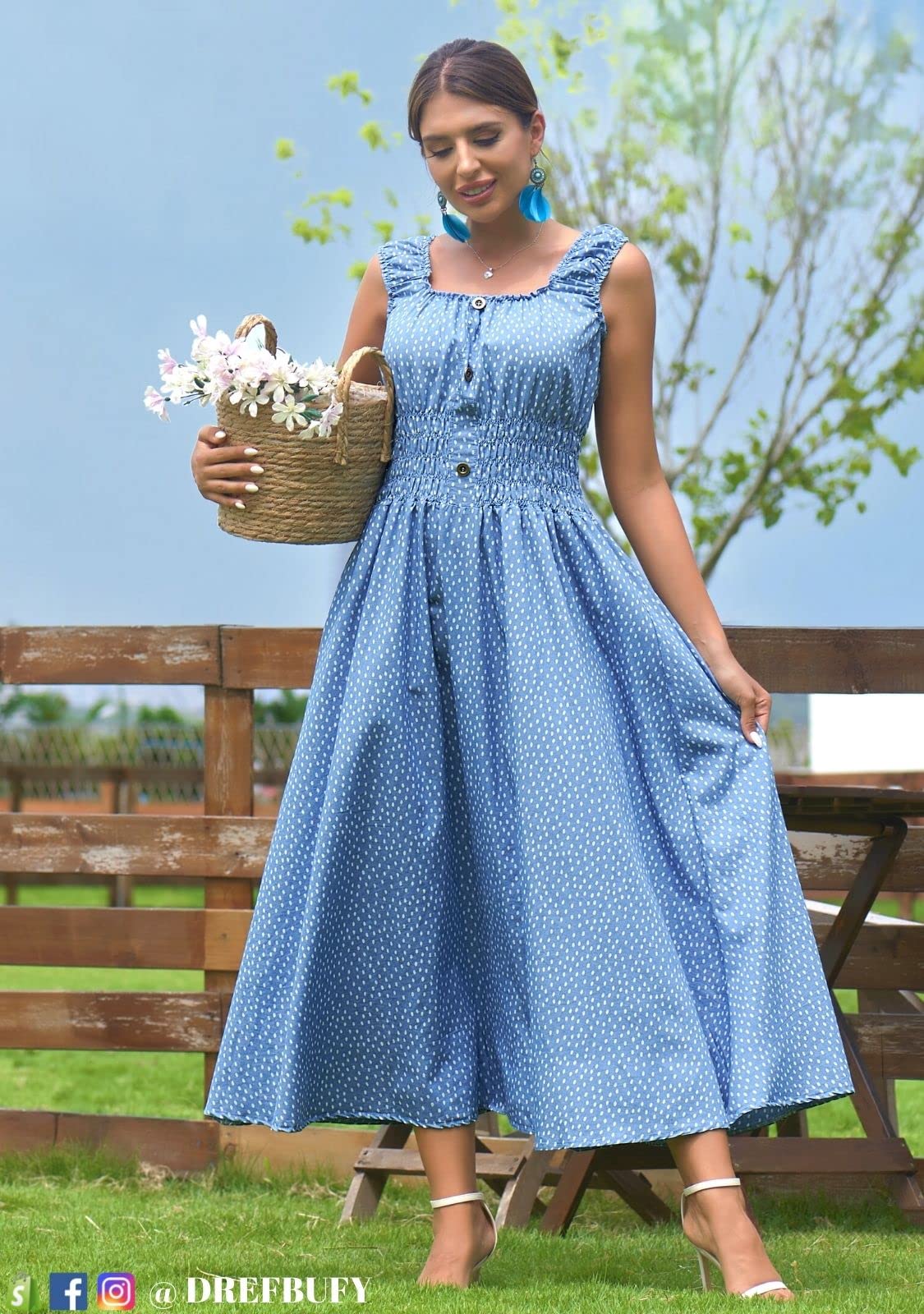 DREFBUFY Vestido largo de mezclilla para mujer, sin mangas, casual, de algodón, color azul, bohemio, holgado, largo, para mujer