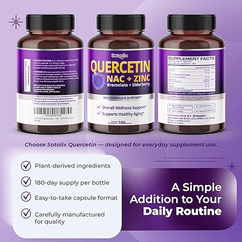 Miniatura 9 de SOTALIX Supplement Quercetina premium 98% de alta pureza con bromelina, zinc, vitamina D3 2000 UI, saúco - Apoyo inmunológico de respiración