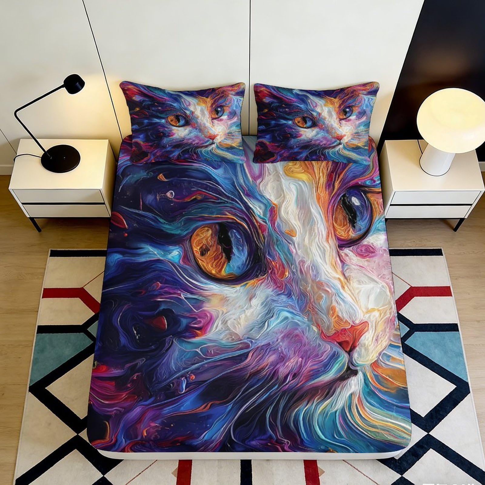 3D Printed Colorful Cat Art Fitted Sheet Microfiber Soft Mattress Cover for Bedroom Dorm Youth Decor Easy Care 90x200x25cm