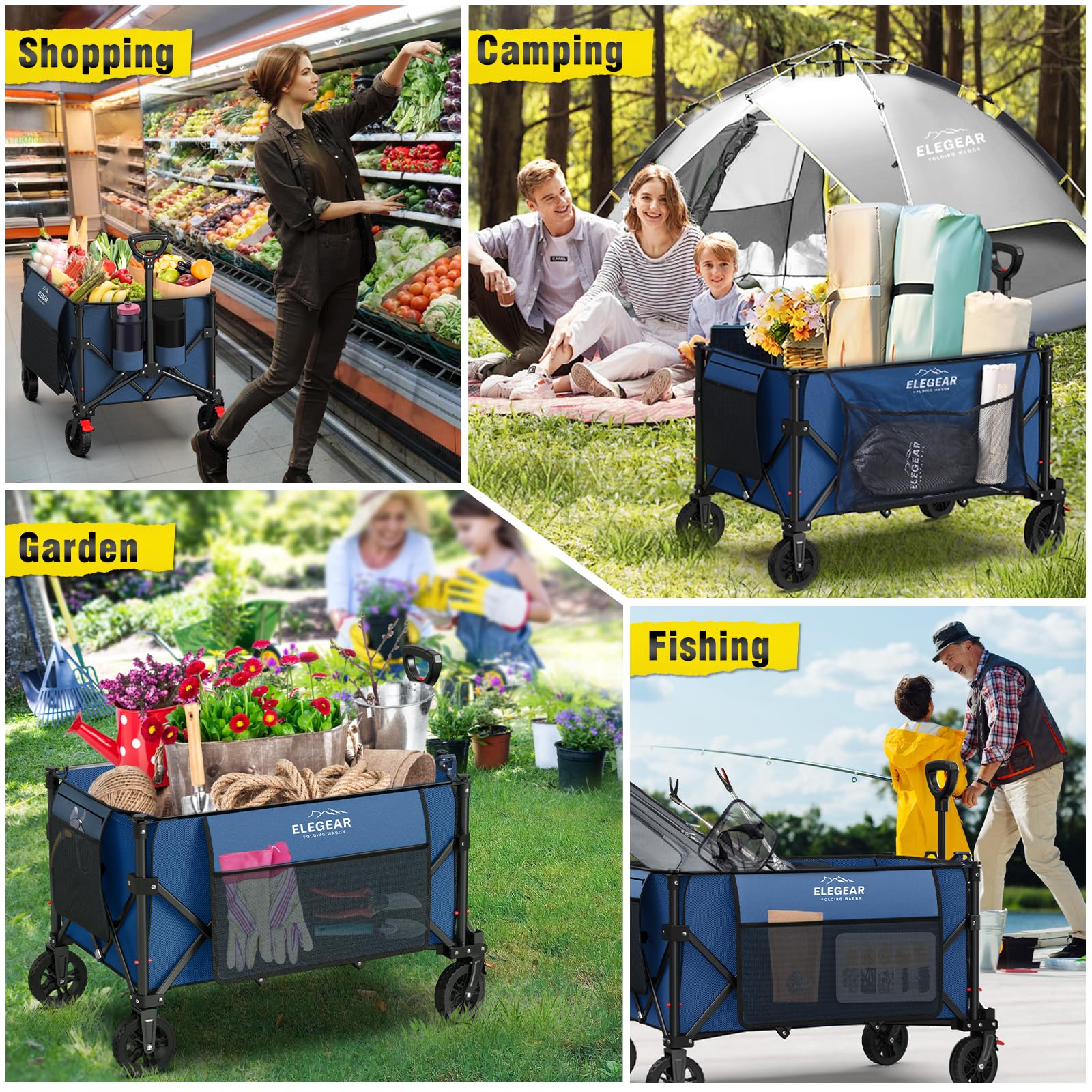 Elegear Carro de Playa Plegable con Ruedas 150L, Carro de Jardín Plegable con asa Ajustable y Portavasos, Carrito Transporte Plegable para Camping Compras Deportes, Azul