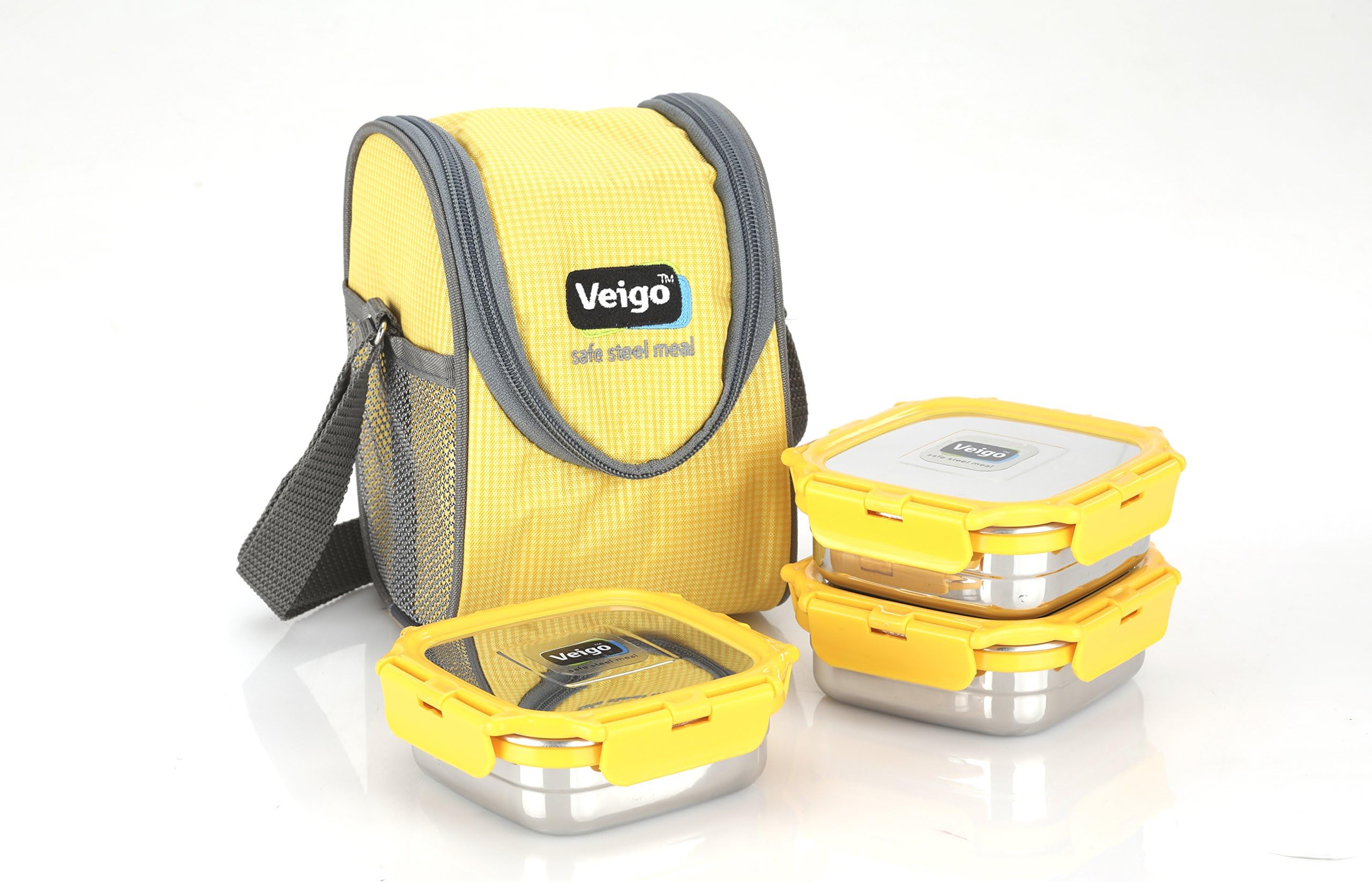 Veigo Premium Finish Lock N Steel 3 Container with Lunch Bag, Airtight Leakproof Lunch Box Sleek & Compact Design Easy to Carry Perfect for Office,School,Outdoor Yellow 3 Pieces, Medium - 330 ml