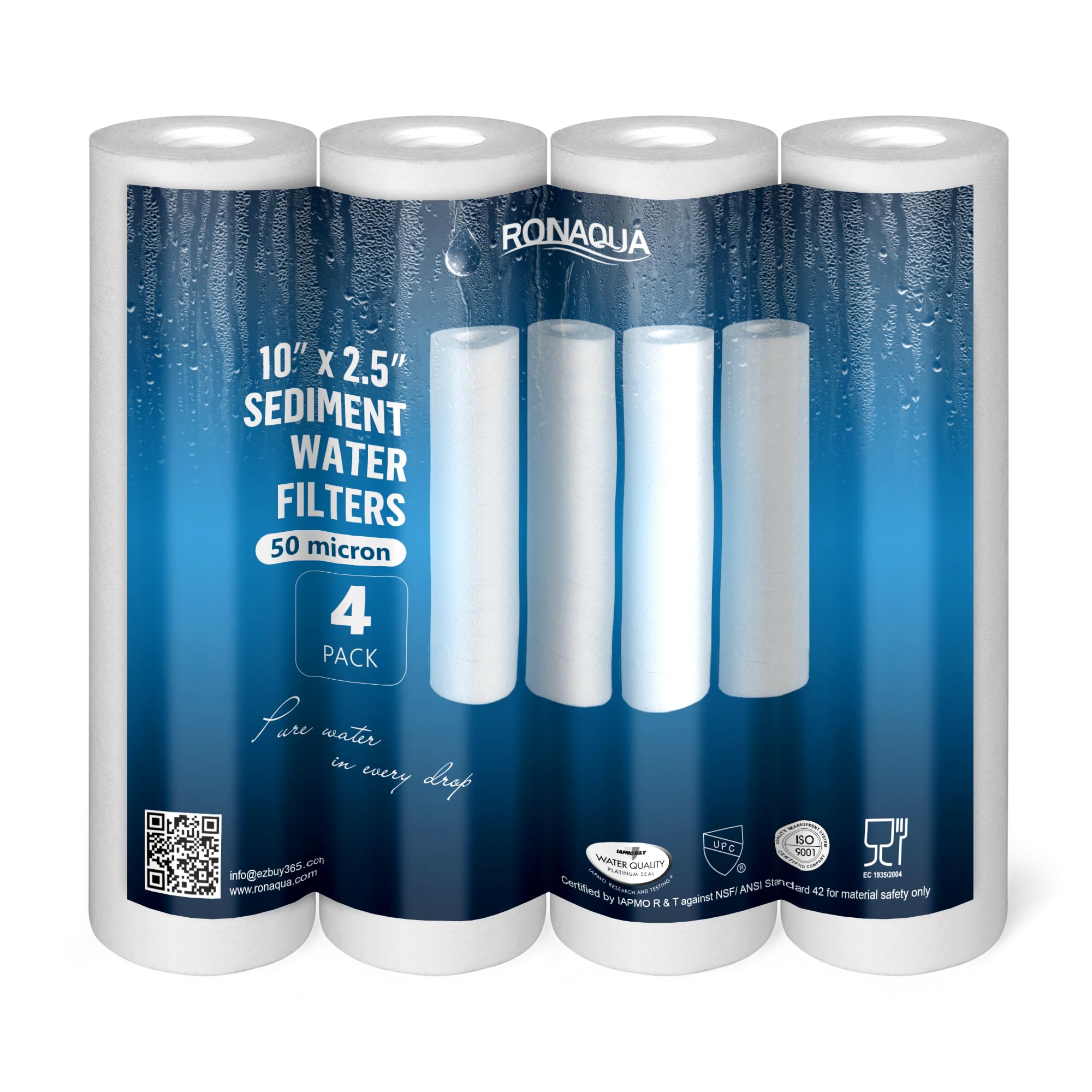 Ronaqua 50 Micron Sediment Water Filter Cartridge 10"x2.5", NSF Certified, 4-Layer Filtration for any 10-inch RO Units & Whole House Systems, Compatible with Culligan P5, AP110, WHKF-GD05, 4 Pack