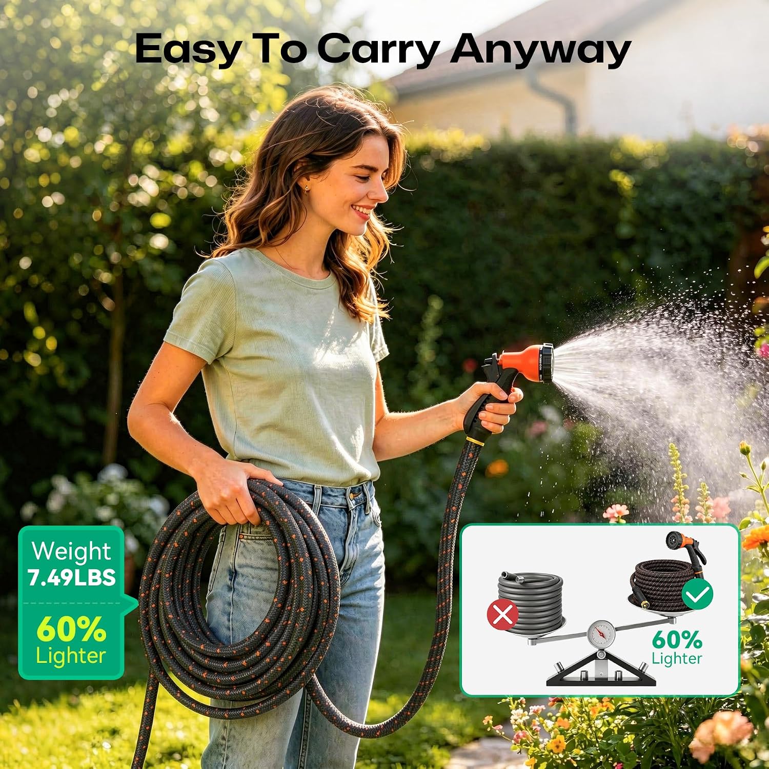 Garden Hose 100ft NON-EXPANDABLE Water Hose, 3-Layer Lightweight Nylon Braided Hose for Yard, Car Wash & Pet Shower, 600 PSI Burst Heavy Duty Kink-Free with 10-Way Nozzle & 3/4" Brass Fittings